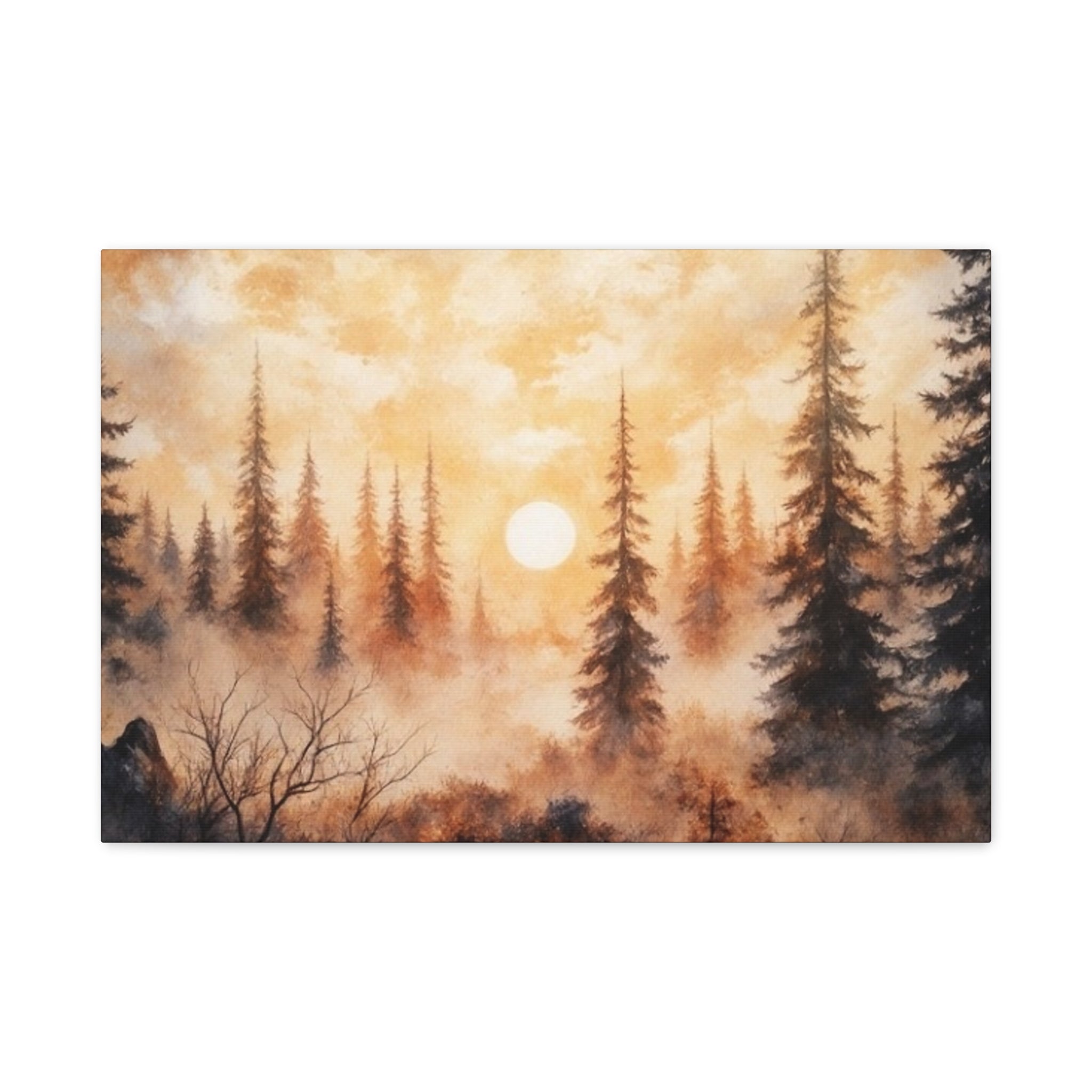 Canvas Wall Art - Misty Pine Forest Sunrise Matte Stretched Canvas