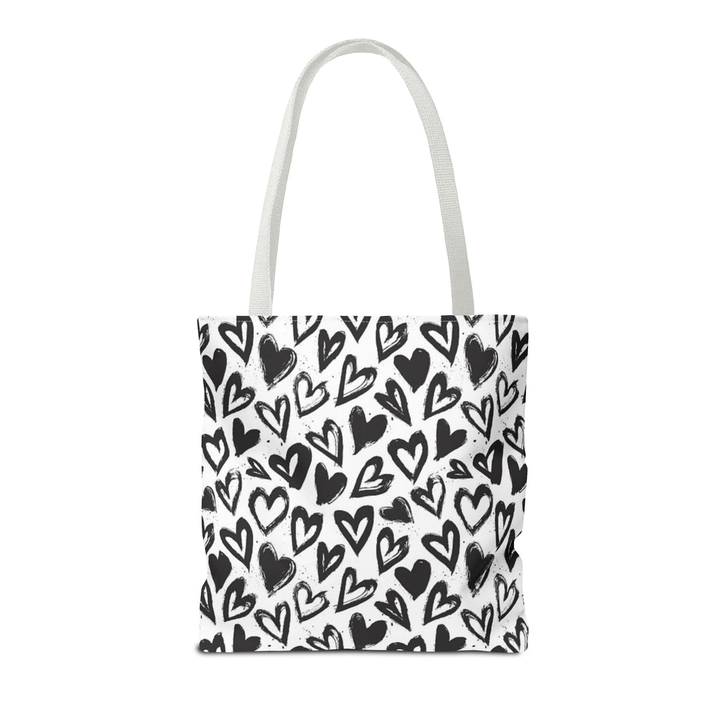 Heart Pattern Tote Bag — Black & White Hand-Drawn Hearts All-Over Print