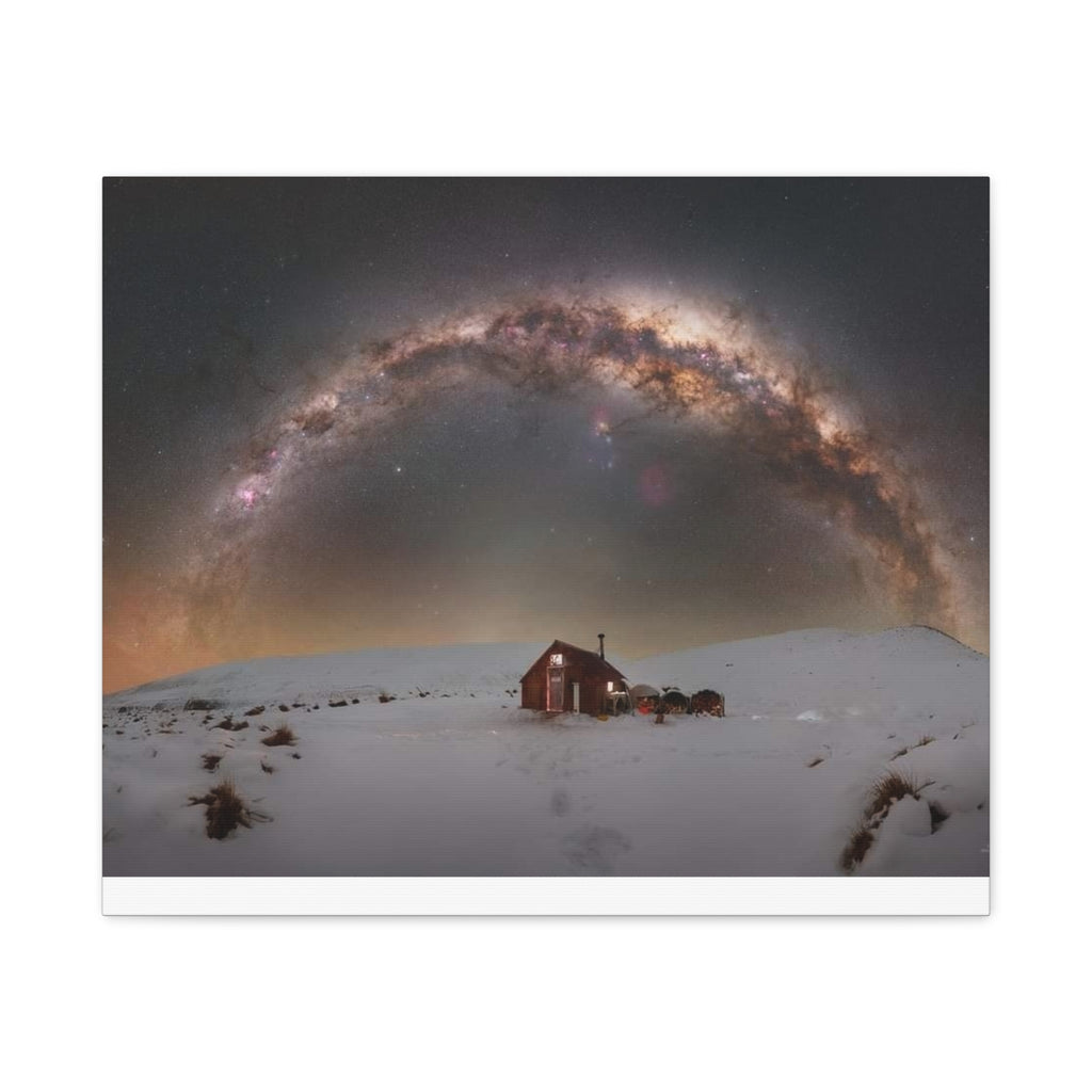 Milky Way Over Snowy Cabin — Matte Stretched Canvas Wall Art
