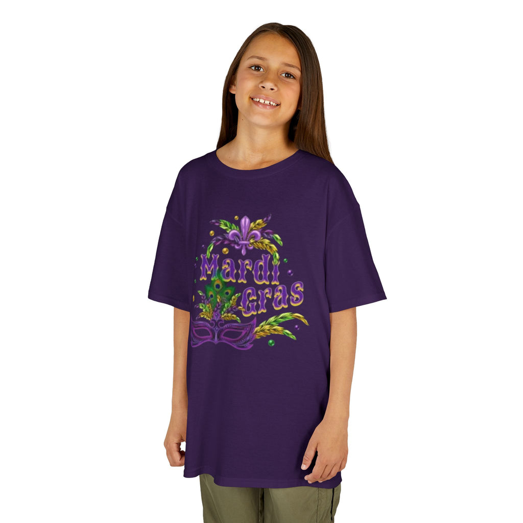 Kids Mardi Gras T-Shirt — Purple & Green Mask Design