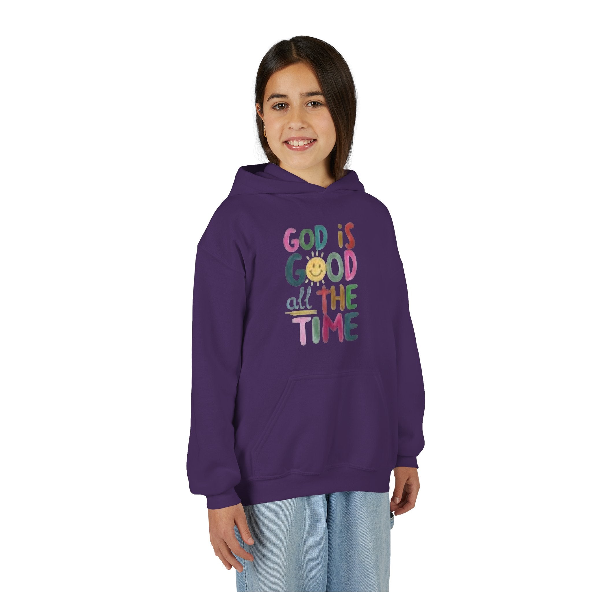 Youth Hoodie — "God Is Good All The Time" Colorful Faith Pullover