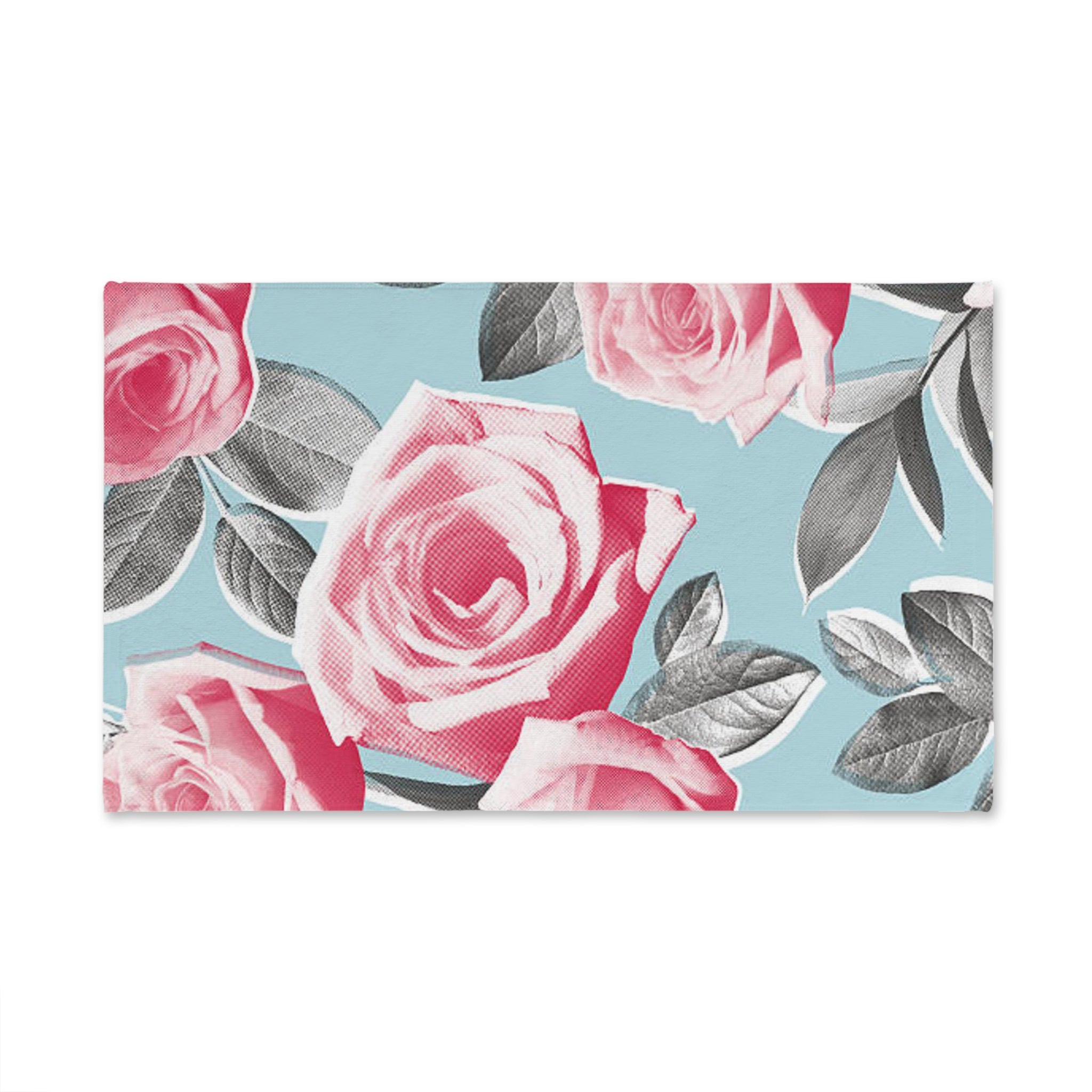Floral Rose Hand Towel — Pink Roses on Sky Blue Decorative Kitchen & Bath Towel