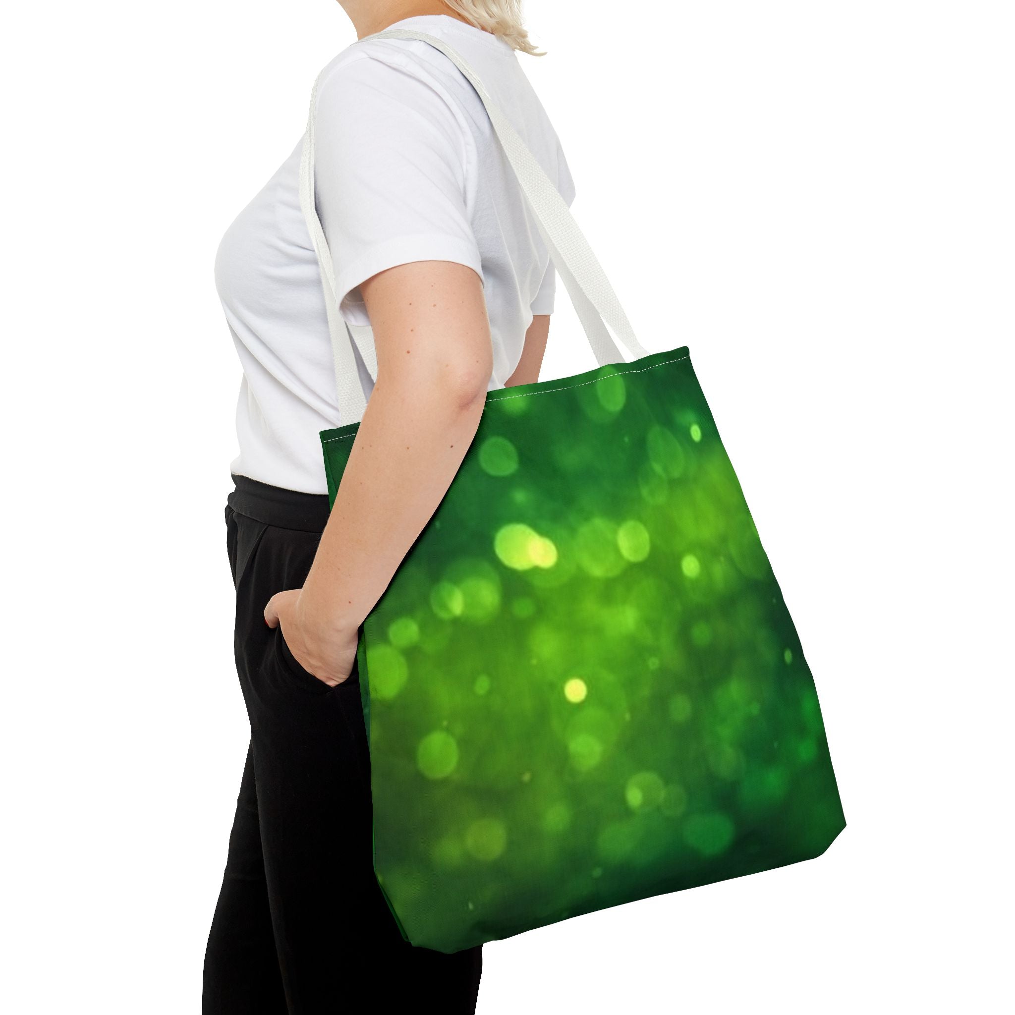 Green Bokeh Tote Bag — Sparkling Nature-Inspired All-Over Print Tote