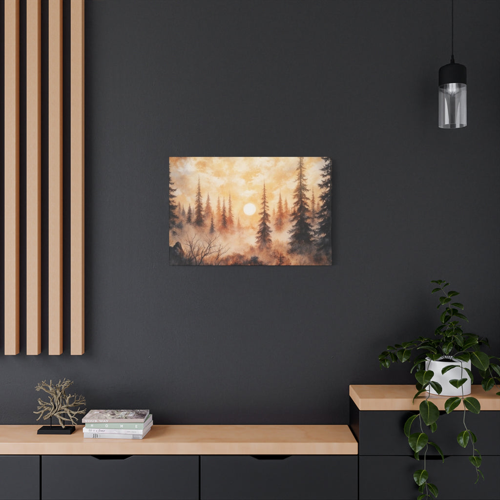 Canvas Wall Art - Misty Pine Forest Sunrise Matte Stretched Canvas