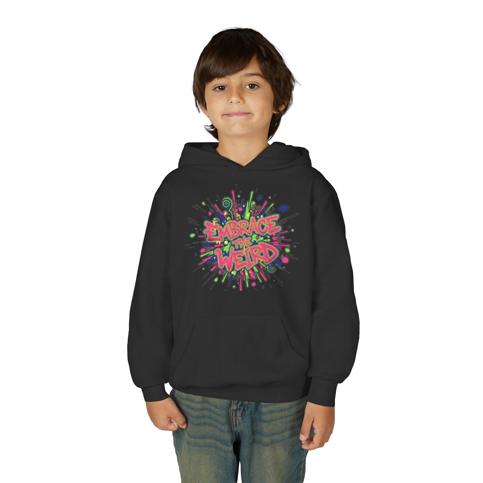 Youth Hoodie — "Embrace the Weird" Colorful Graffiti Graphic