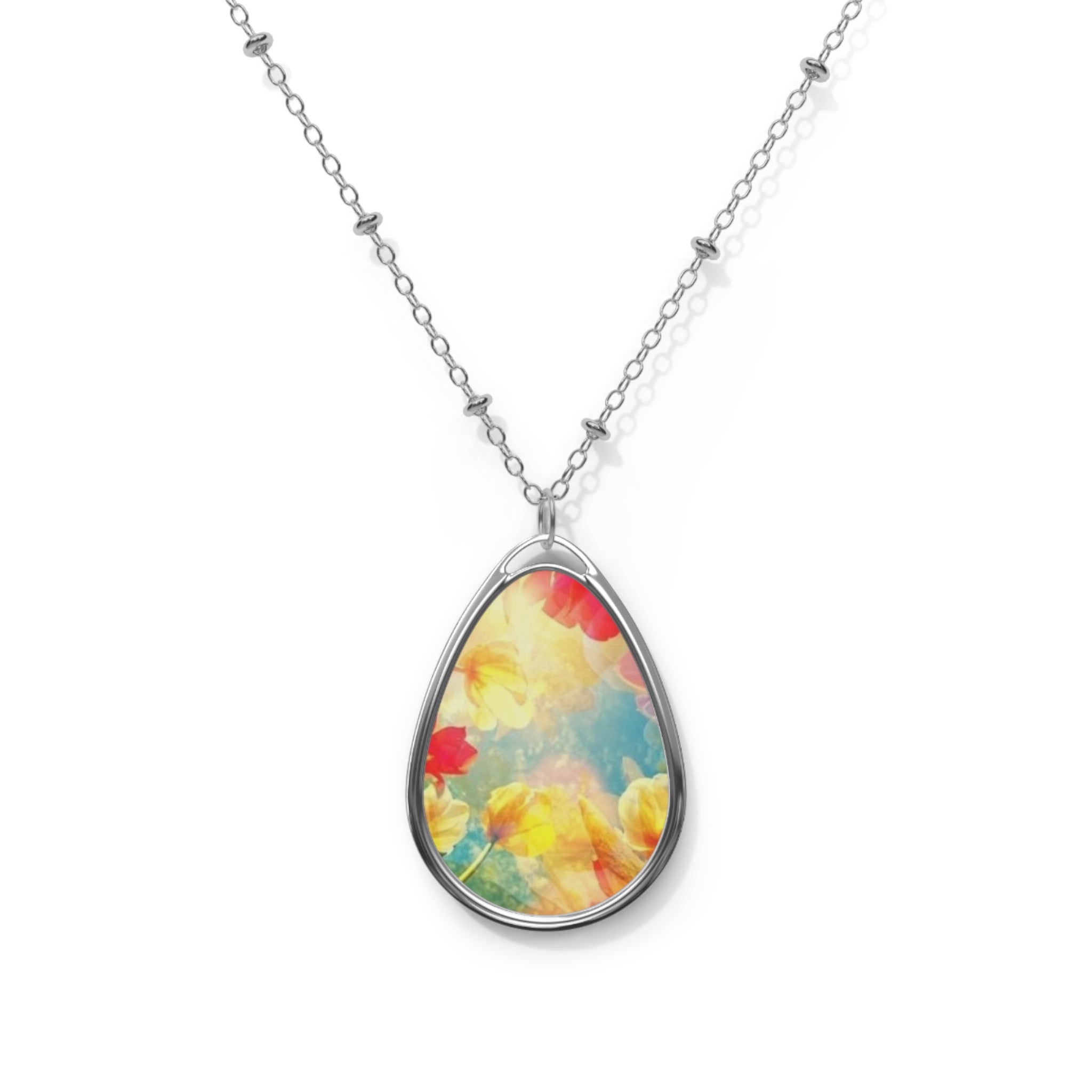 Floral Watercolor Oval Pendant Necklace — Colorful Teardrop Charm