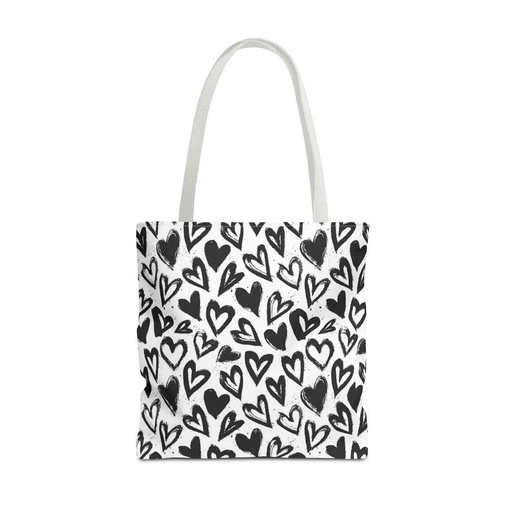 Heart Pattern Tote Bag — Black & White Hand-Drawn Hearts All-Over Print