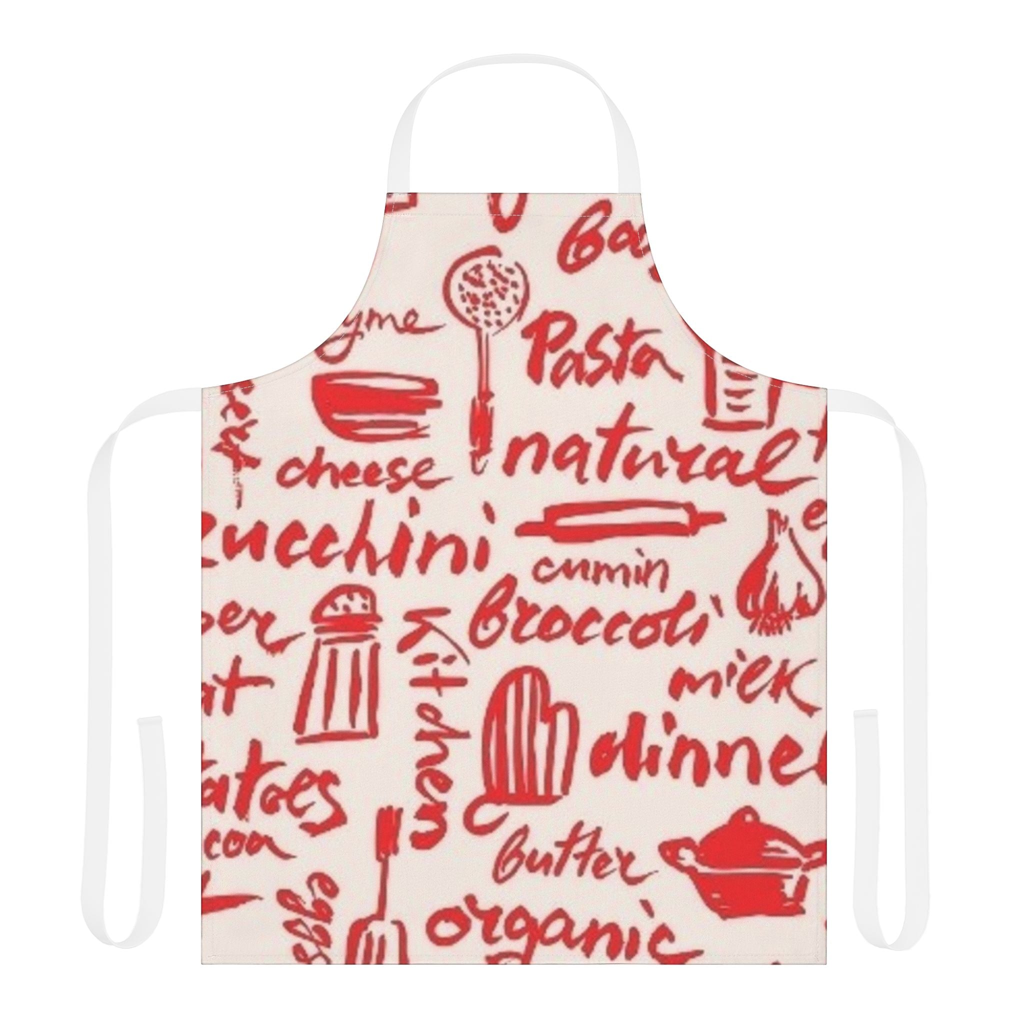 Kitchen Script Apron — Red Cooking Words Design
