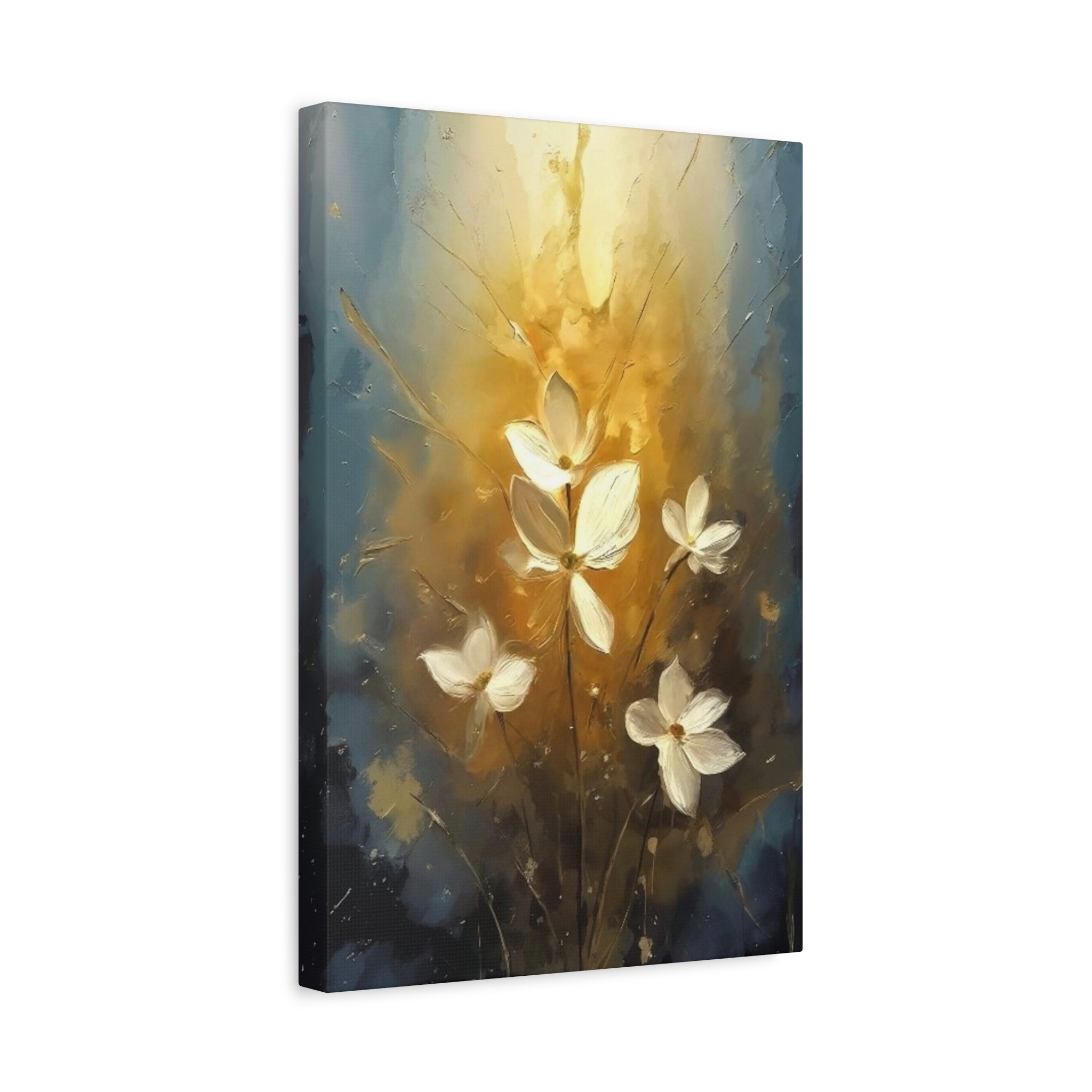 Golden Floral Canvas Print – Abstract White Flowers on Matte Stretched Canvas