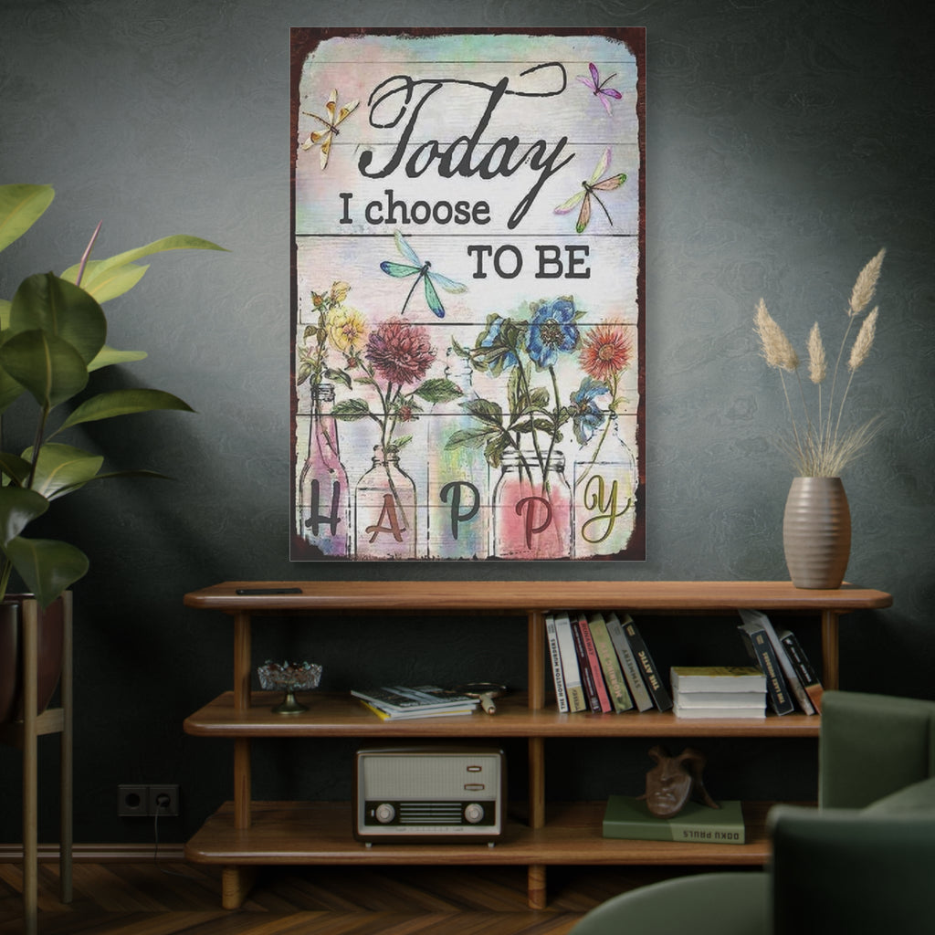 Today I Choose To Be Happy Canvas Wall Art — Floral Dragonfly Inspirational Quote