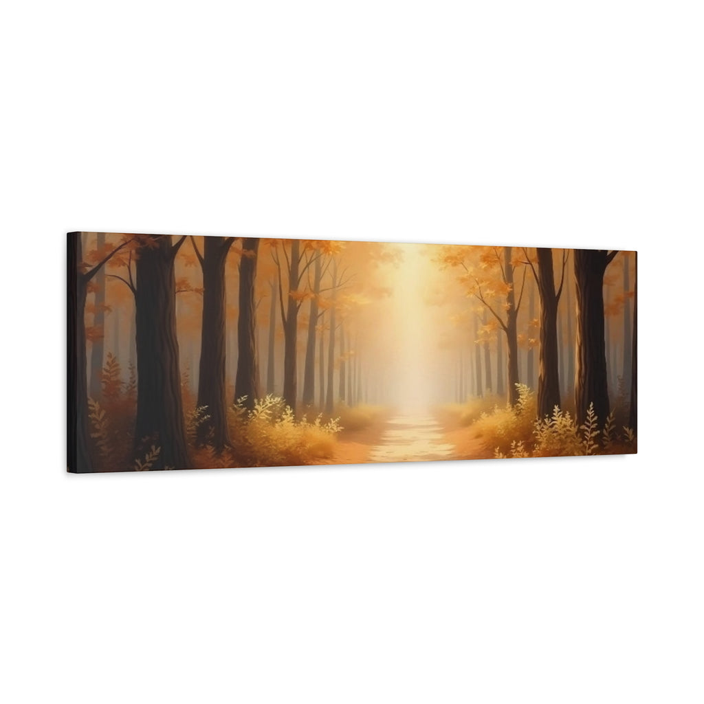Autumn Forest Path Matte Canvas Wall Art — Golden Sunlit Woodland Scene