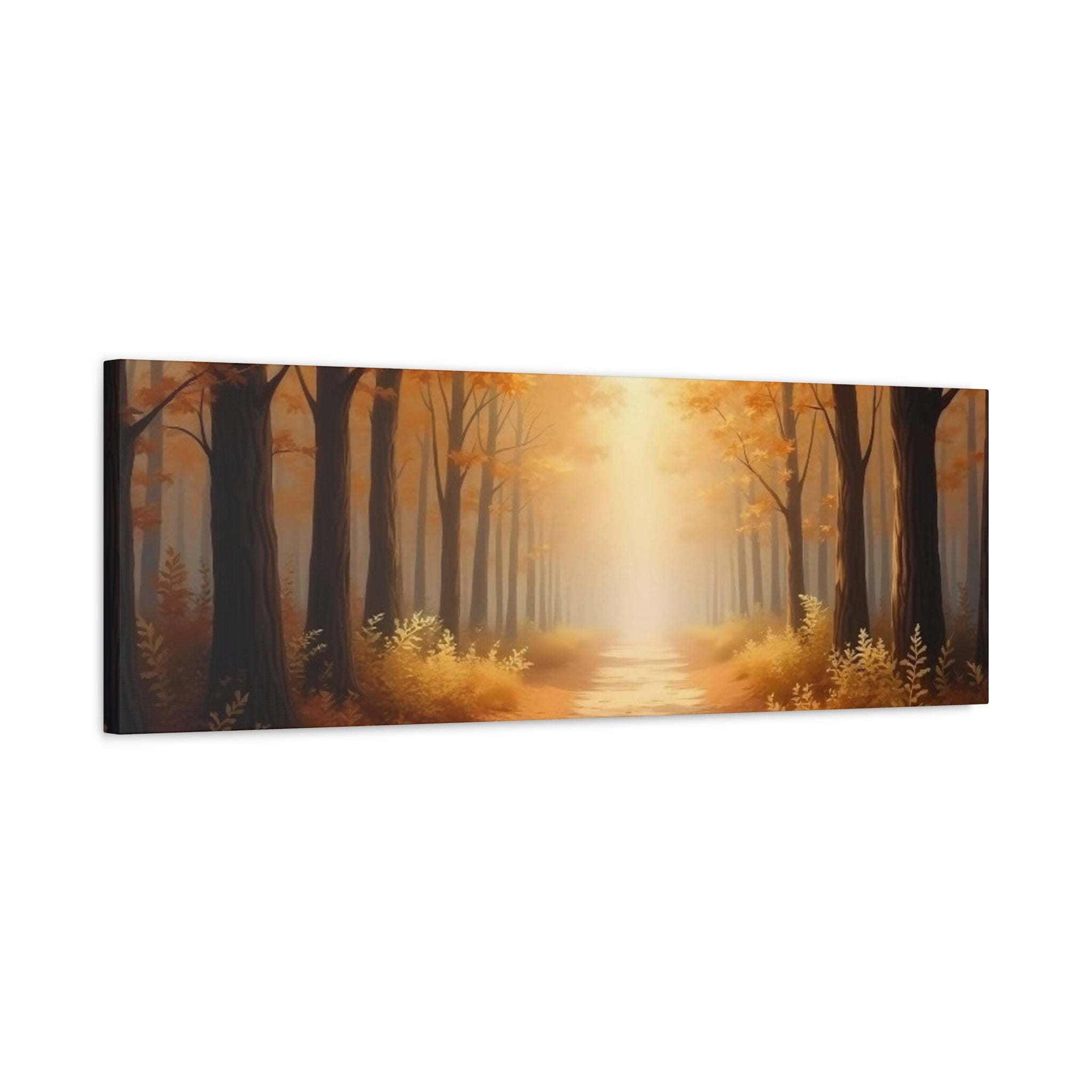 Autumn Forest Path Matte Canvas Wall Art — Golden Sunlit Woodland Scene