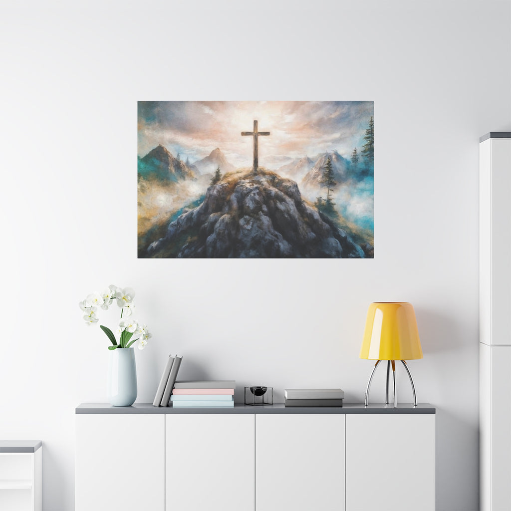 Cross on Mountain Matte Canvas Wall Art — Christian Inspirational Landscape