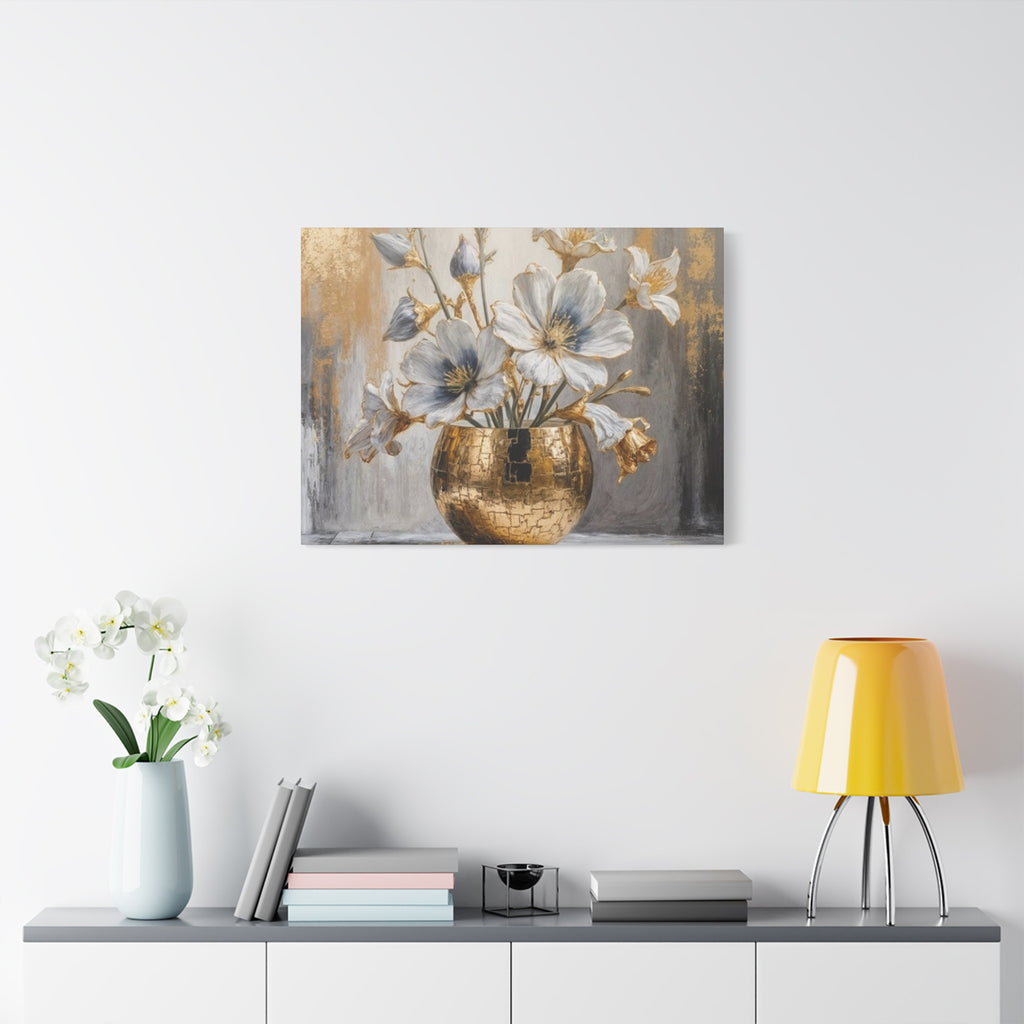 Floral Gold Vase Canvas Print — Elegant White & Blue Flower Wall Art