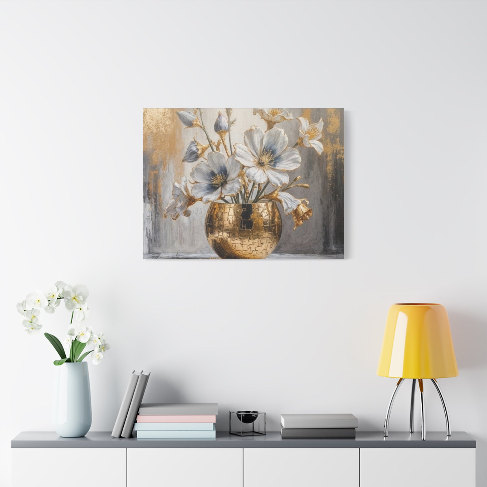 Floral Gold Vase Canvas Print — Elegant White & Blue Flower Wall Art