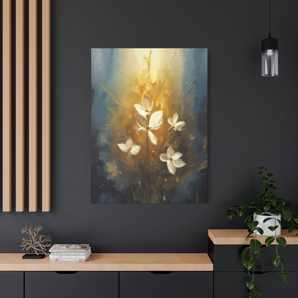 Golden Floral Canvas Print – Abstract White Flowers on Matte Stretched Canvas