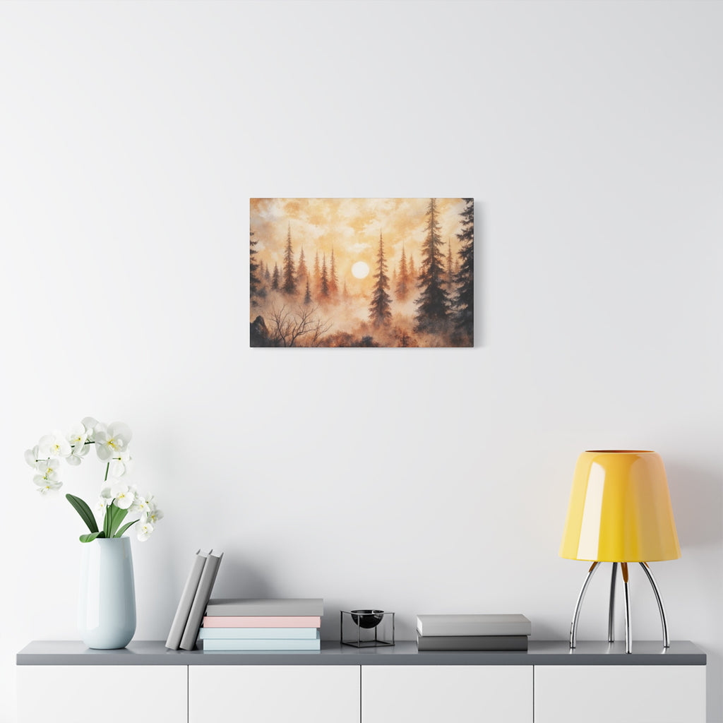 Canvas Wall Art - Misty Pine Forest Sunrise Matte Stretched Canvas