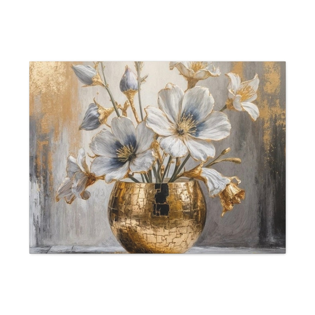 Floral Gold Vase Canvas Print — Elegant White & Blue Flower Wall Art