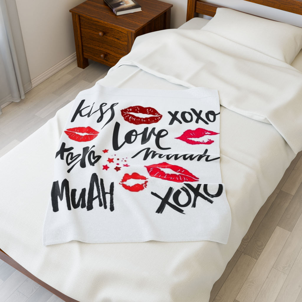 Velveteen Plush Blanket — XOXO Love Kiss Pattern, Romantic Valentine’s Throw