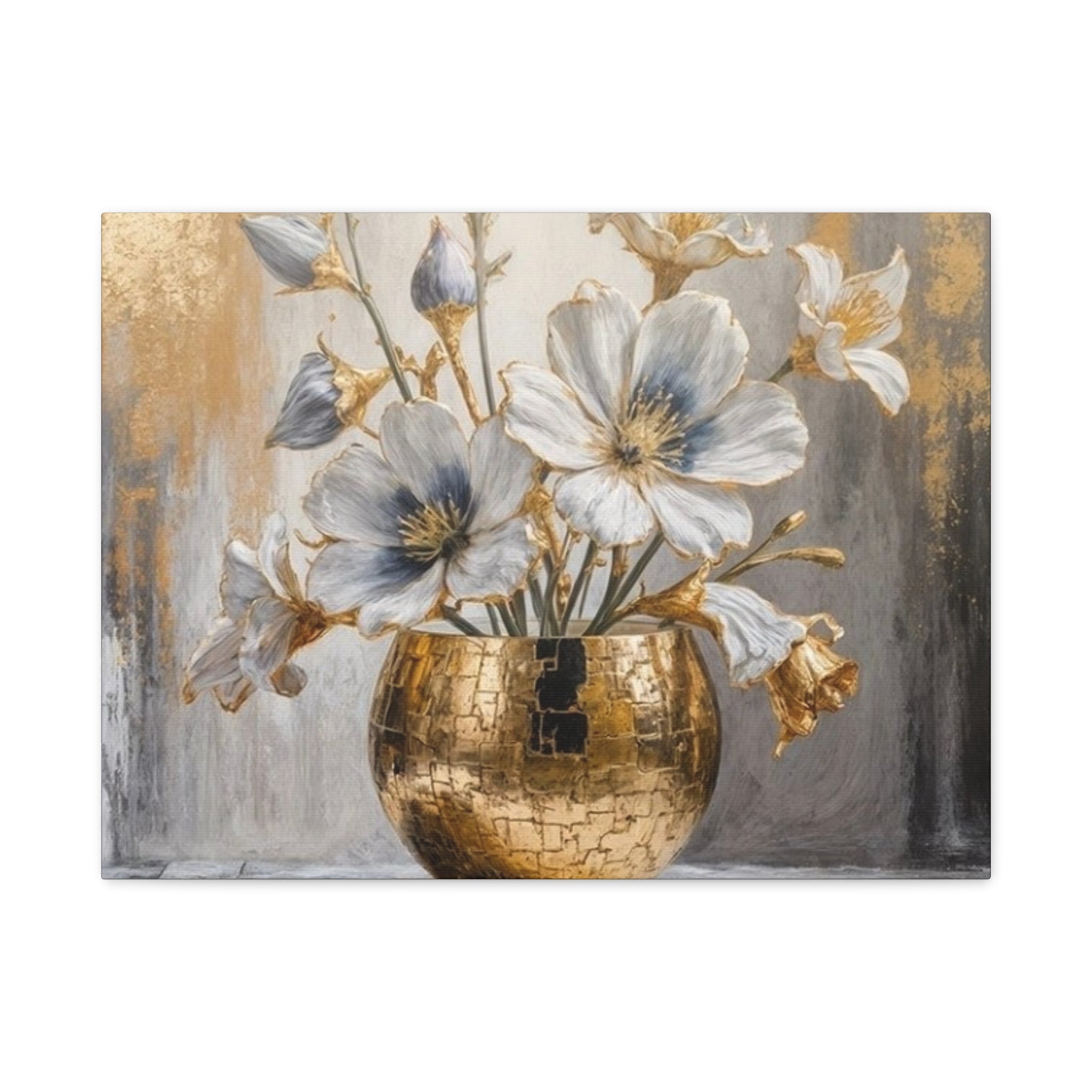 Floral Gold Vase Canvas Print — Elegant White & Blue Flower Wall Art