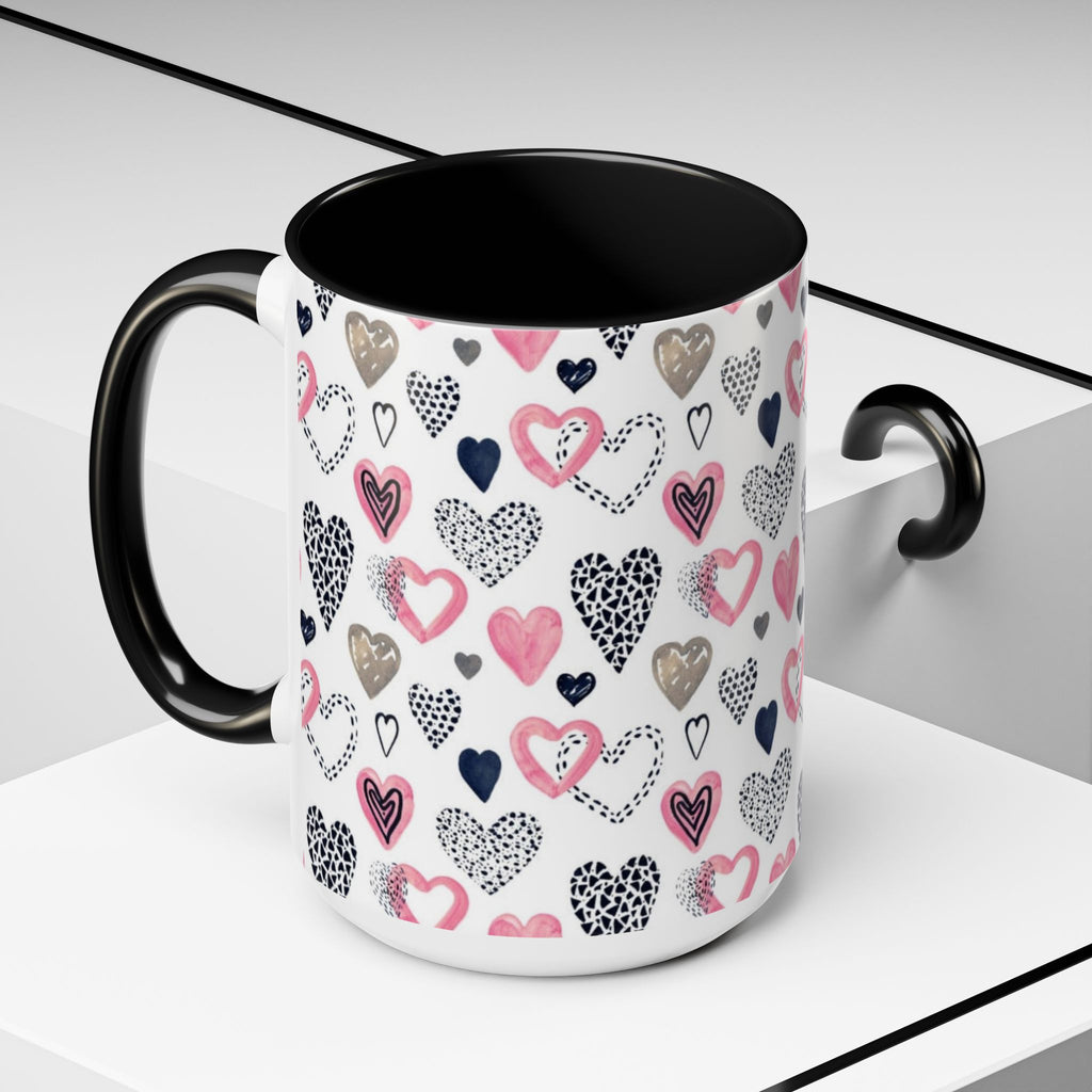 Heart Pattern Accent Coffee Mug — Pink & Navy Love Design (11/15 oz)