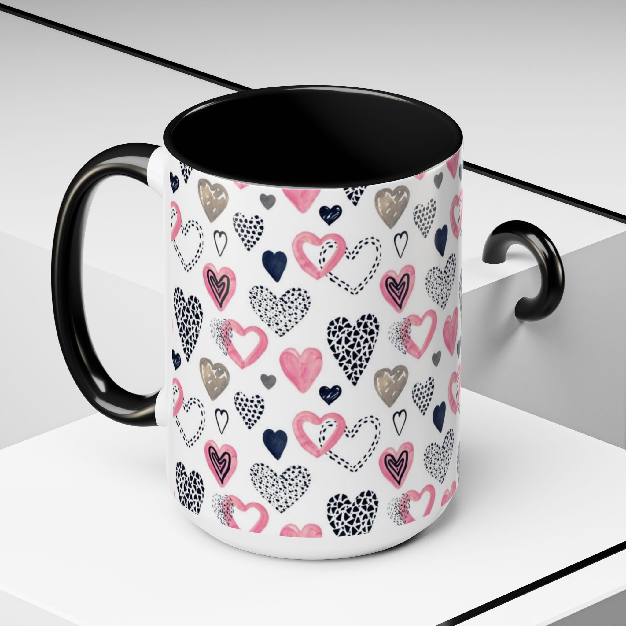 Heart Pattern Accent Coffee Mug — Pink & Navy Love Design (11/15 oz)