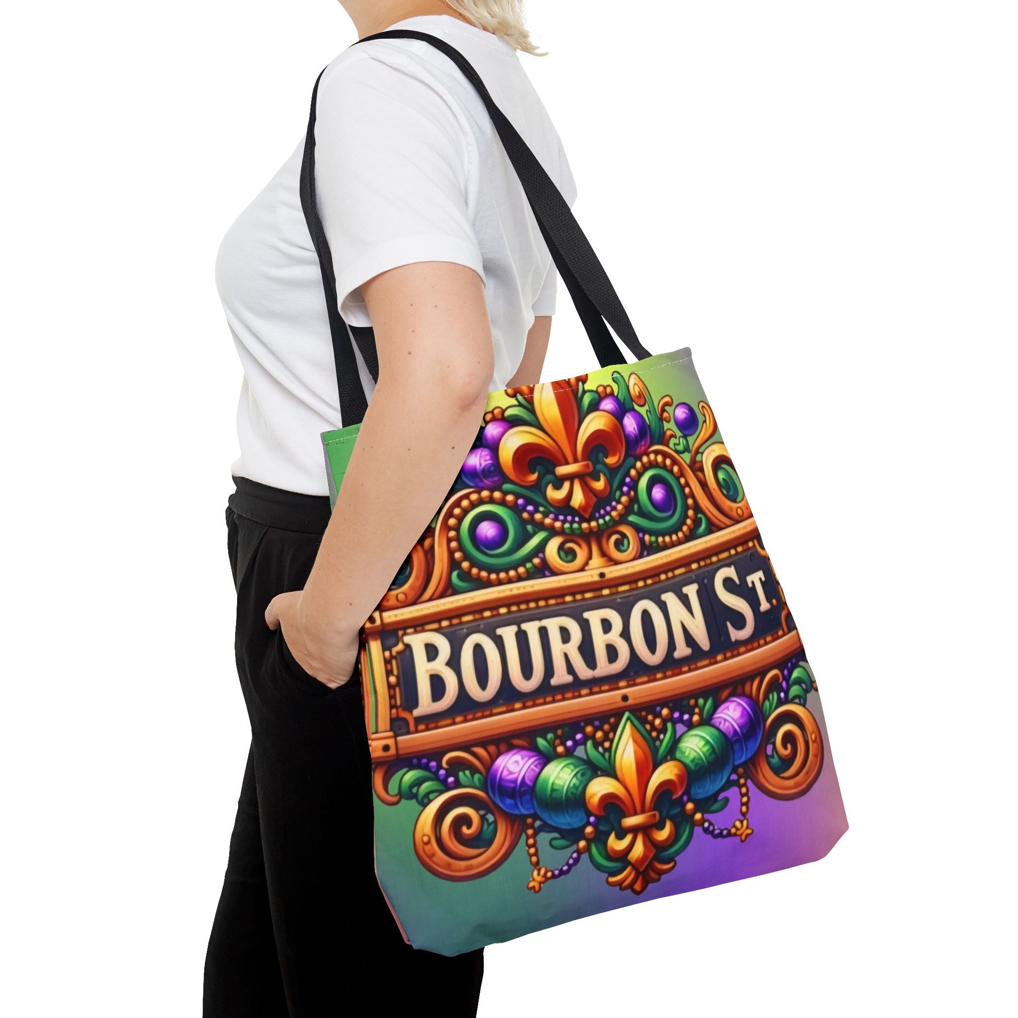 Bourbon St. Parade Tote Bag — Mardi Gras Fleur-de-Lis All-Over Print