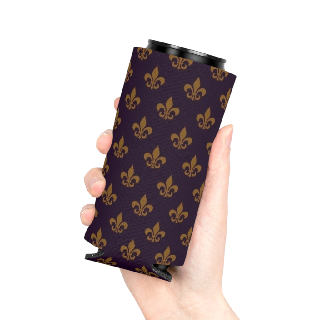 Fleur-de-Lis Can Cooler – Gold on Deep Purple Beverage Koozie