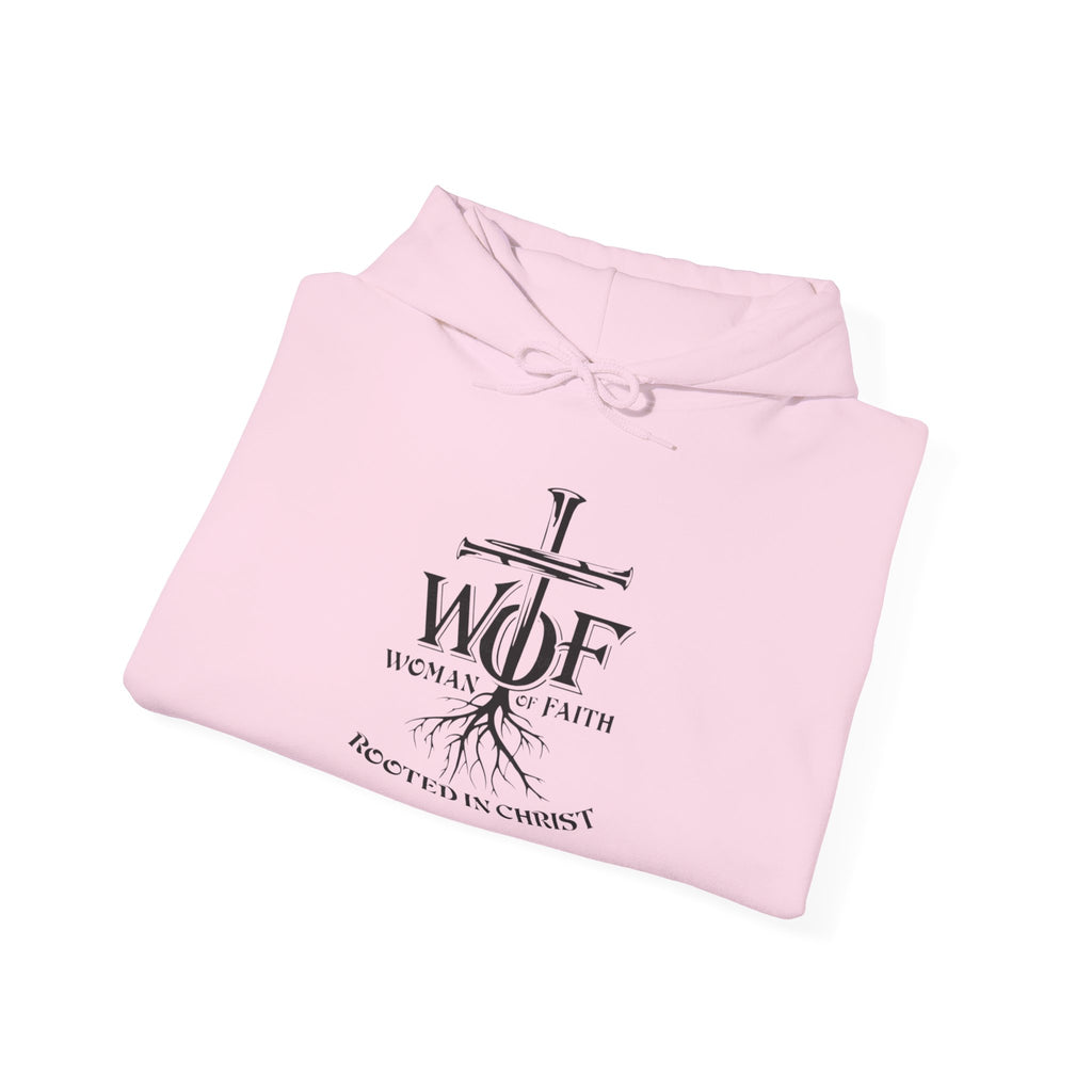 Hoodie — "W.O.F. Woman of Faith" Cross Christian Graphic Pullover
