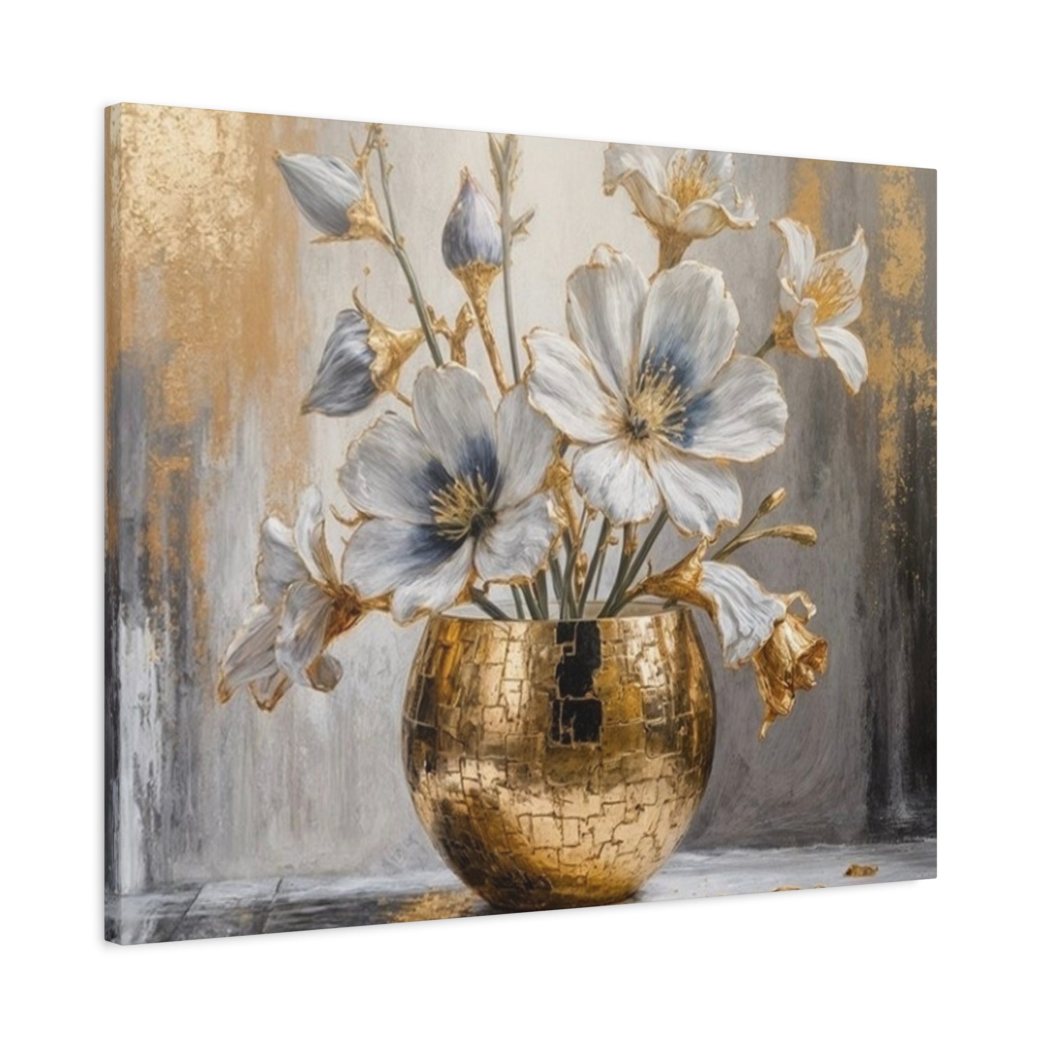 Floral Gold Vase Canvas Print — Elegant White & Blue Flower Wall Art