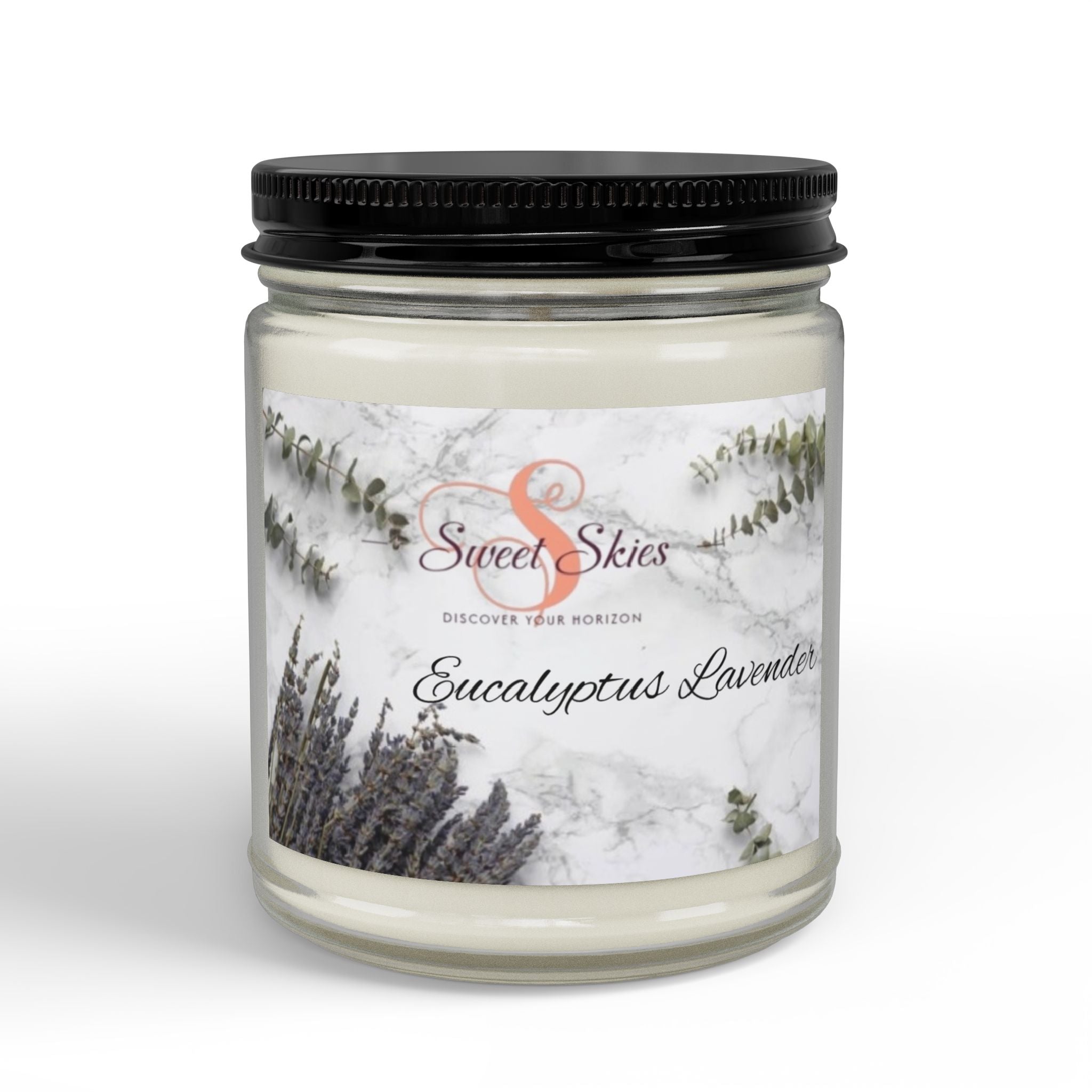 Eucalyptus Lavender Soy Candle (9oz) — Scented Jar with Black Lid