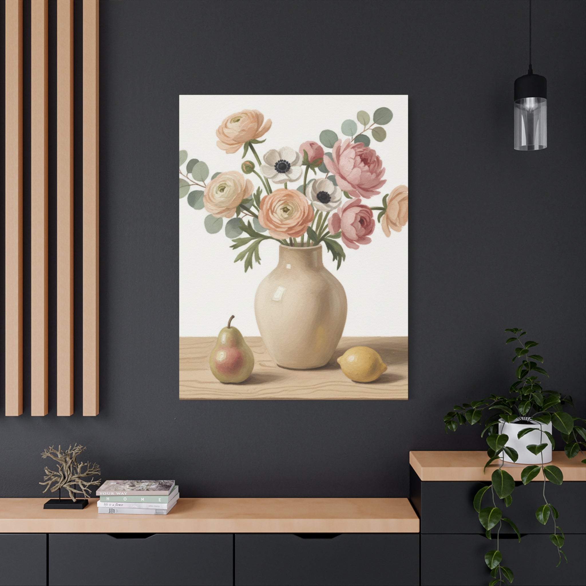 Floral Vase Canvas Wall Art — Pastel Peonies & Ranunculus Stretched Print