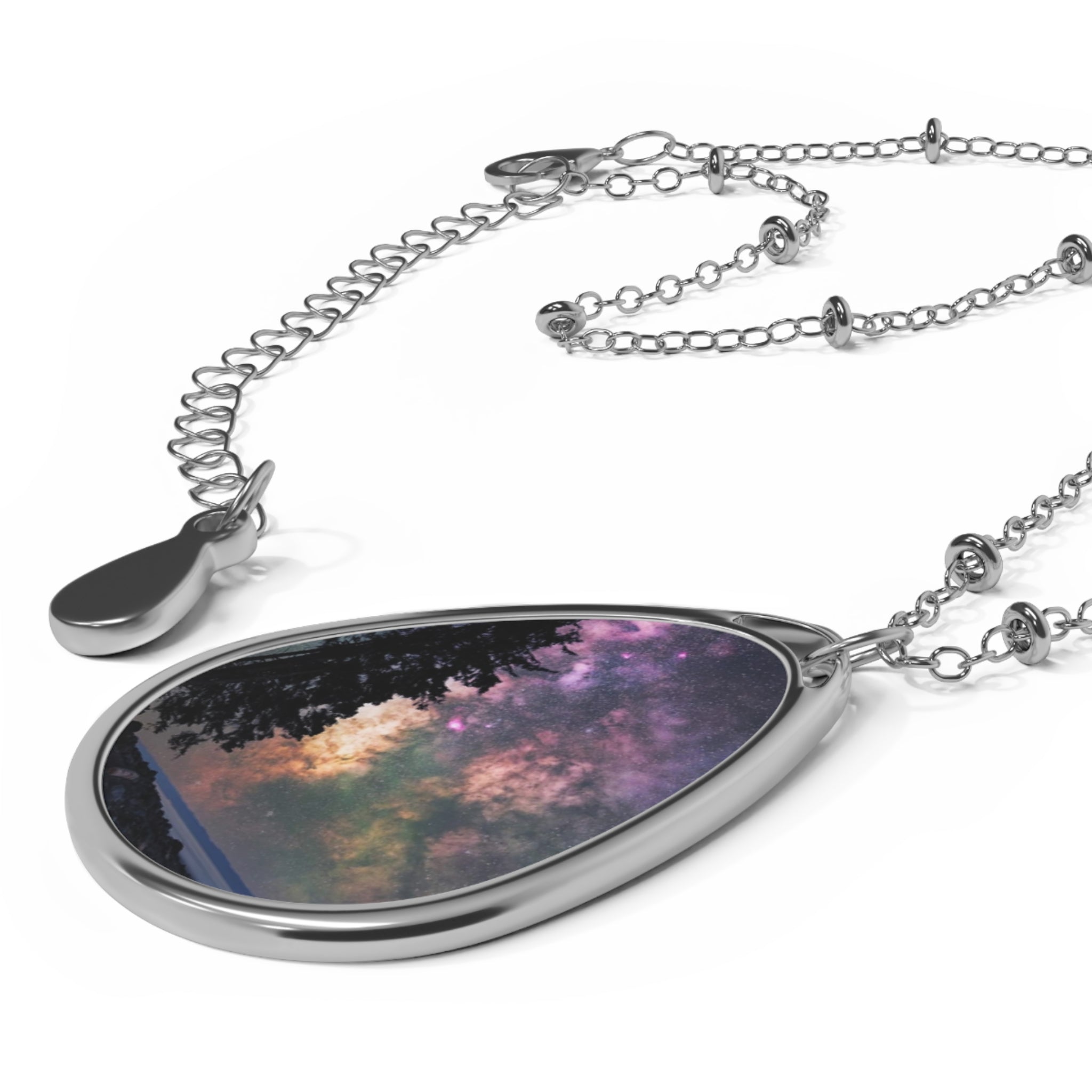Oval Galaxy Pendant Necklace — Starry Night Teardrop Photo Locket