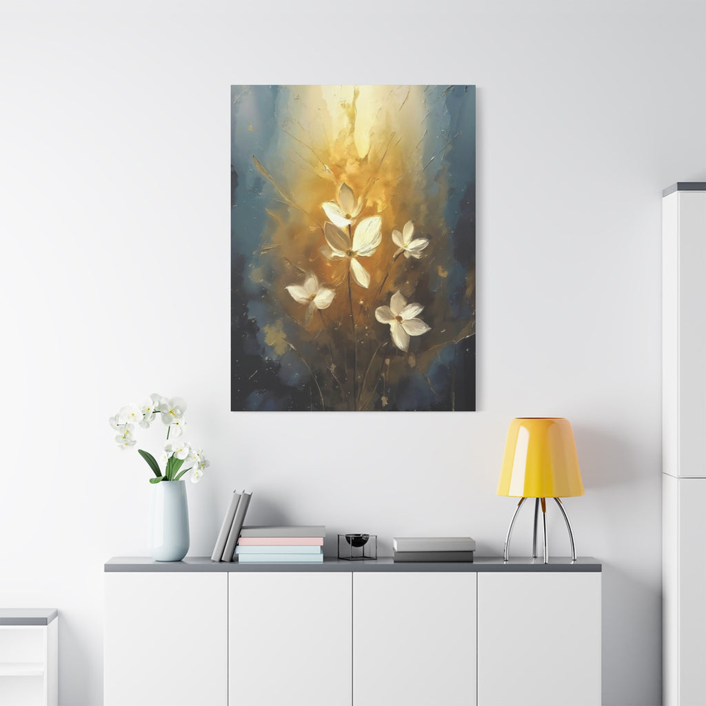 Golden Floral Canvas Print – Abstract White Flowers on Matte Stretched Canvas