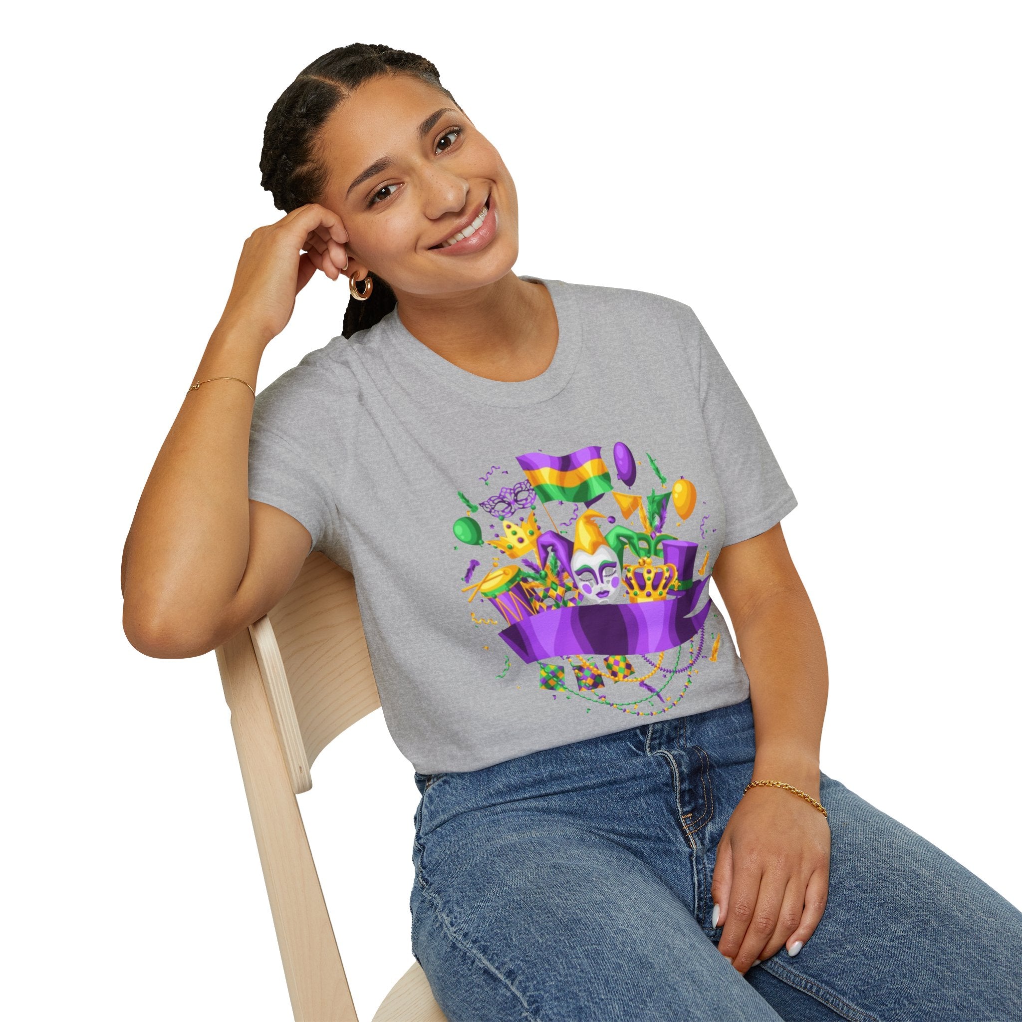 Mardi Gras Carnival T-Shirt — Festive Mask, Beads & Balloon Design