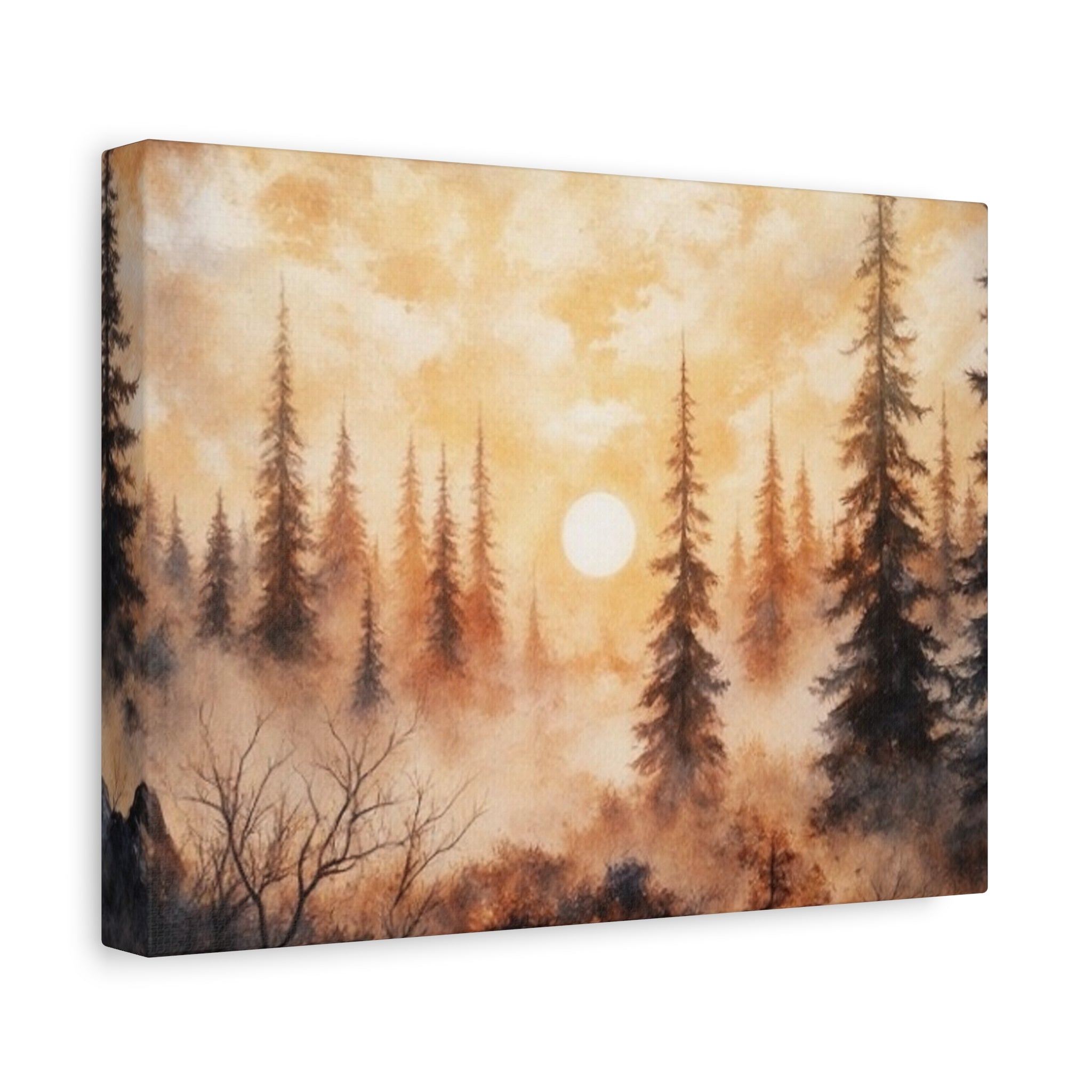Canvas Wall Art - Misty Pine Forest Sunrise Matte Stretched Canvas