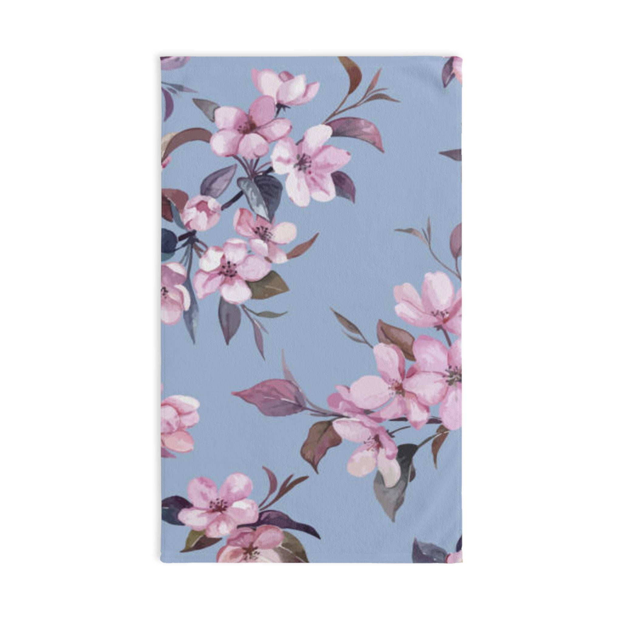 Floral Blossom Hand Towel — Pink Cherry Flowers on Dusty Blue