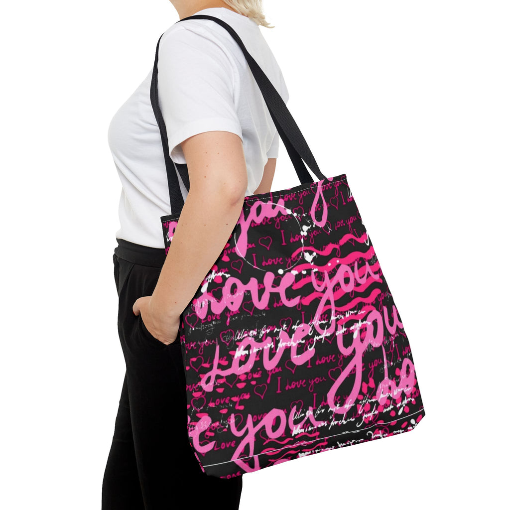 Love You Script Pattern Tote Bag – Pink Graffiti All-Over Print
