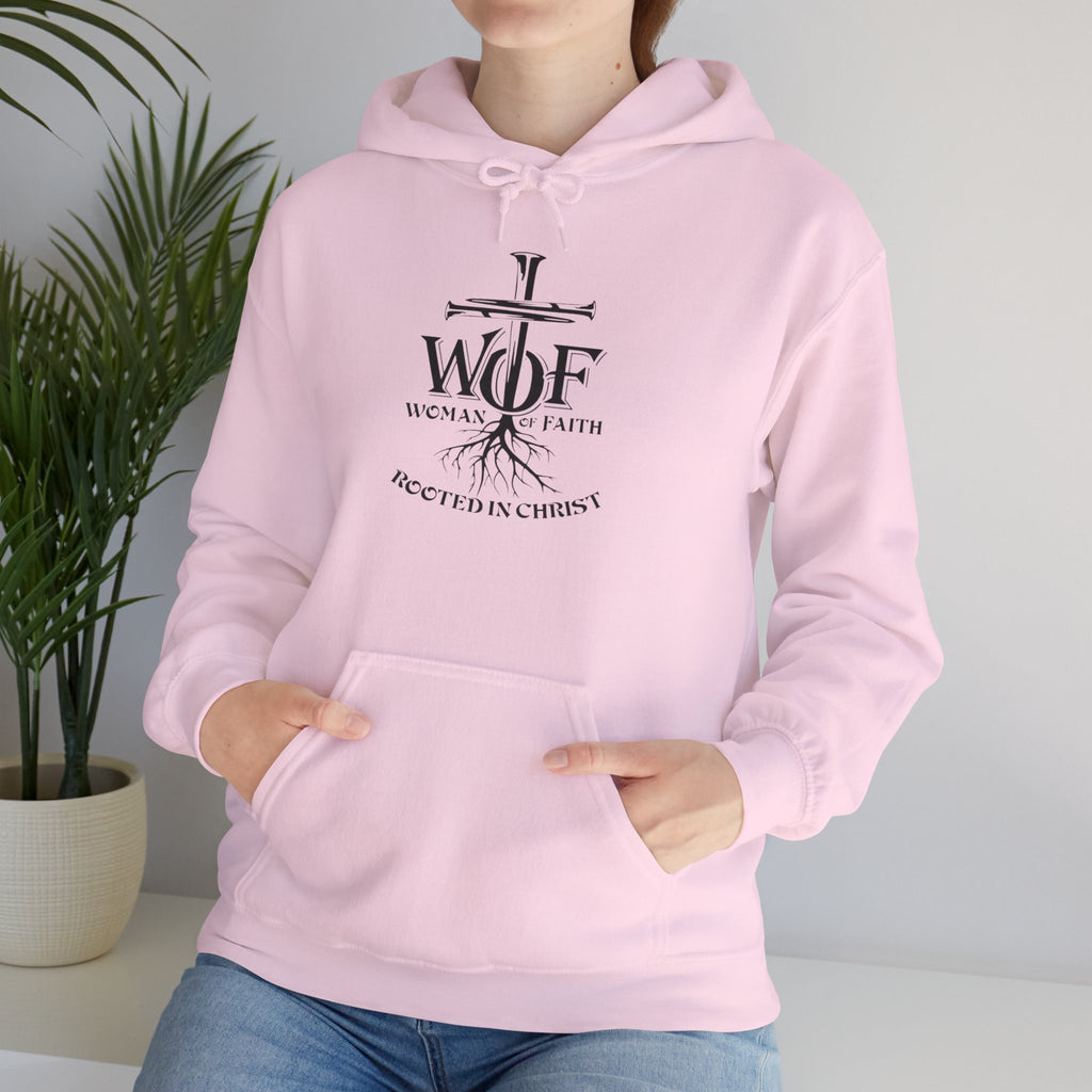Hoodie — "W.O.F. Woman of Faith" Cross Christian Graphic Pullover
