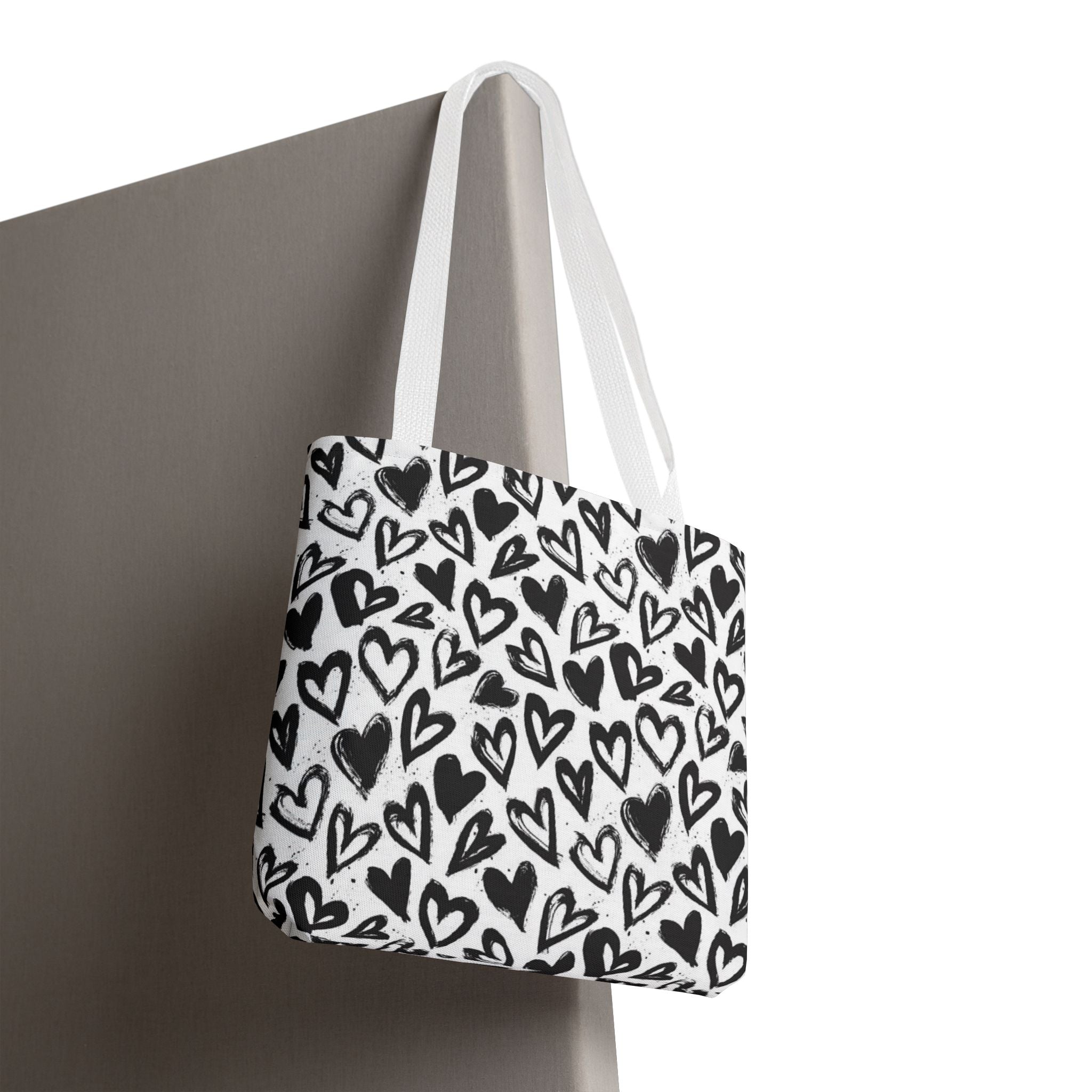 Heart Pattern Tote Bag — Black & White Hand-Drawn Hearts All-Over Print