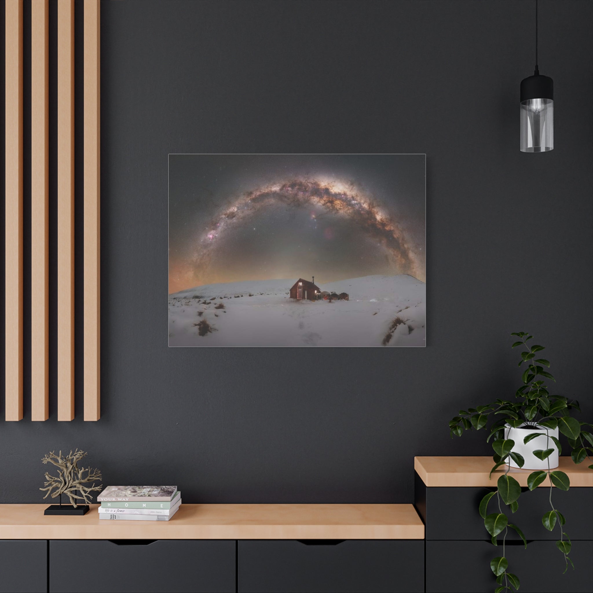 Milky Way Over Snowy Cabin — Matte Stretched Canvas Wall Art