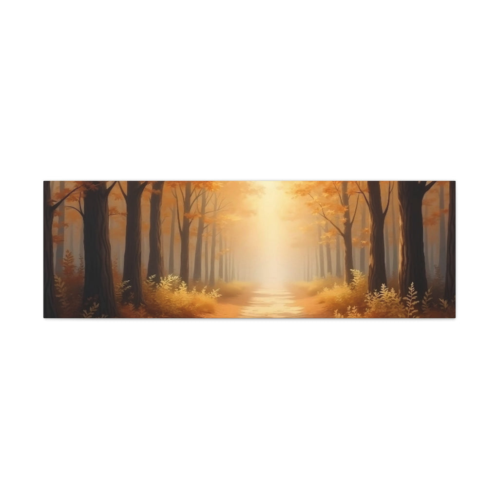 Autumn Forest Path Matte Canvas Wall Art — Golden Sunlit Woodland Scene