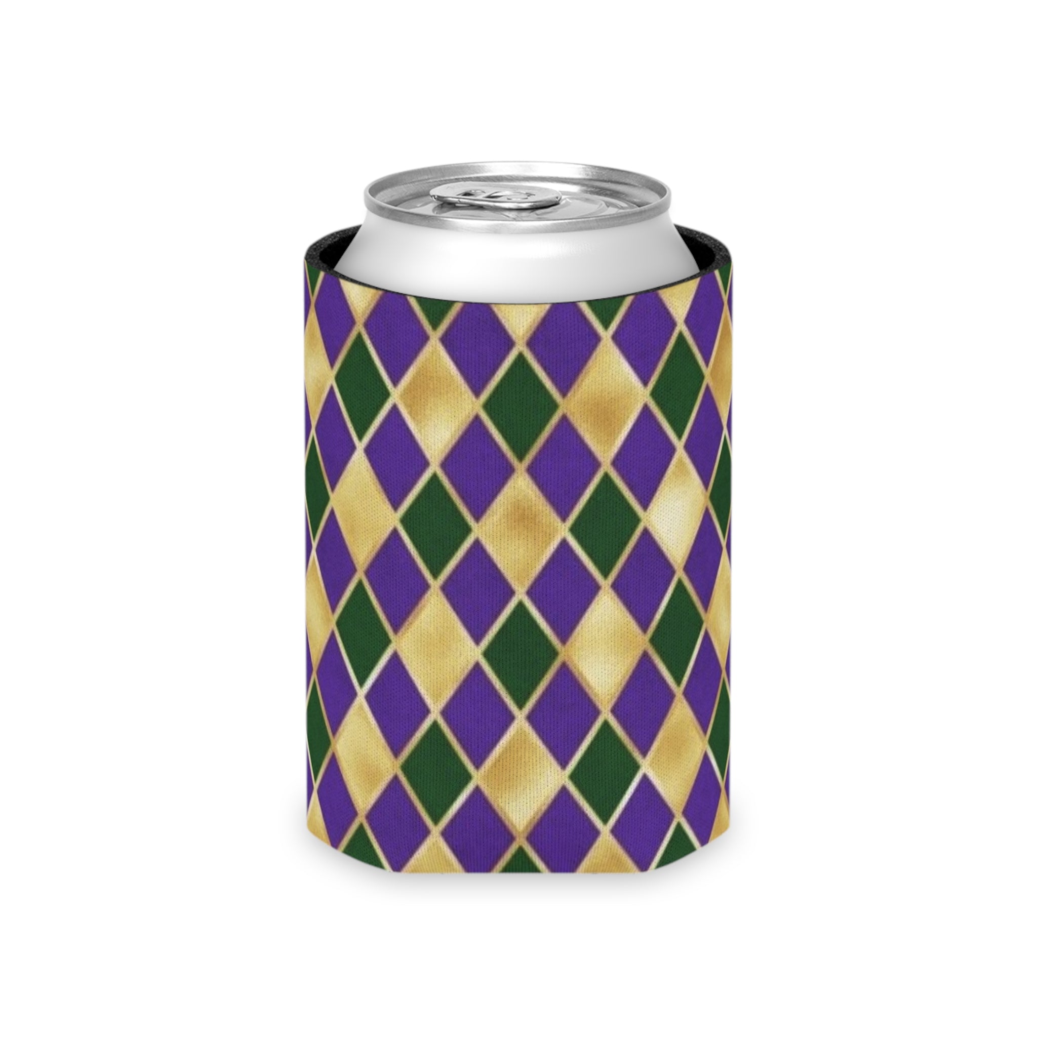 Mardi Gras Diamond Can Cooler — Purple Green Gold Beverage Koozie