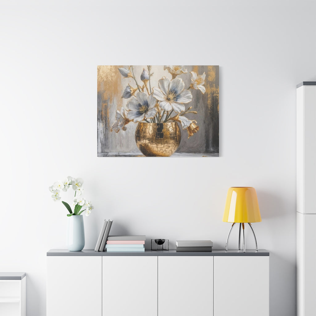 Floral Gold Vase Canvas Print — Elegant White & Blue Flower Wall Art