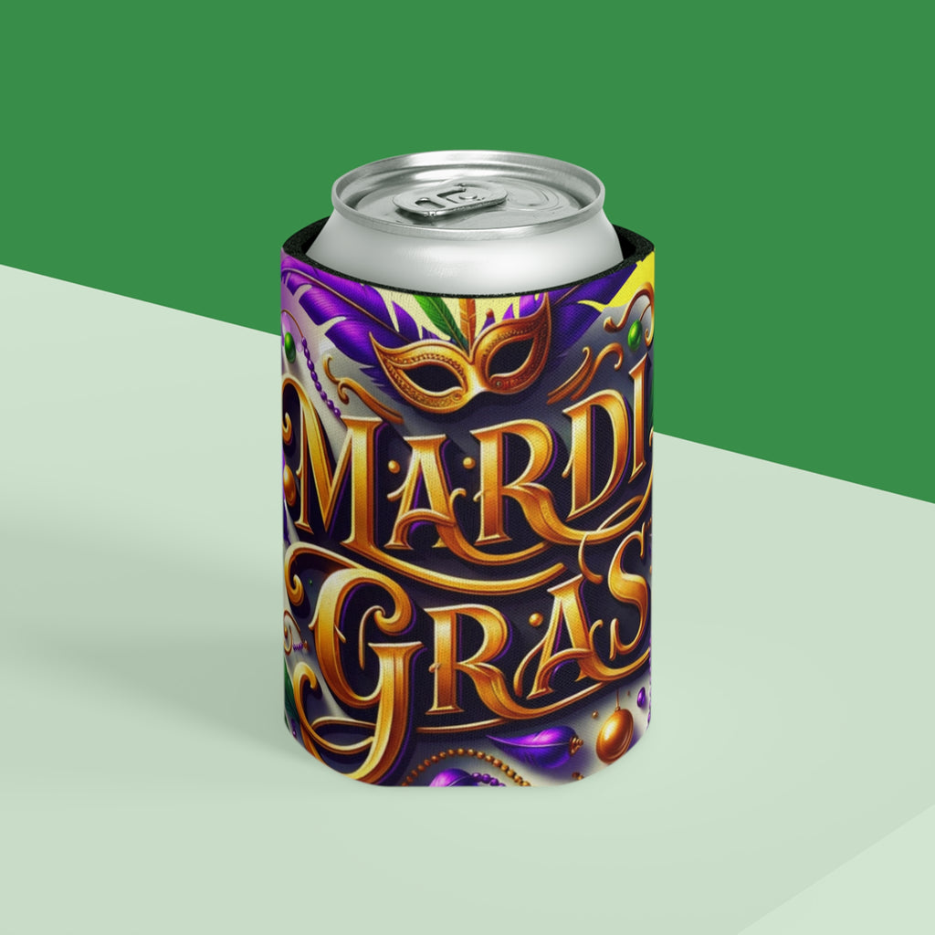 Mardi Gras Can Cooler – Festive Mask & Beads Neoprene Beer Koozie
