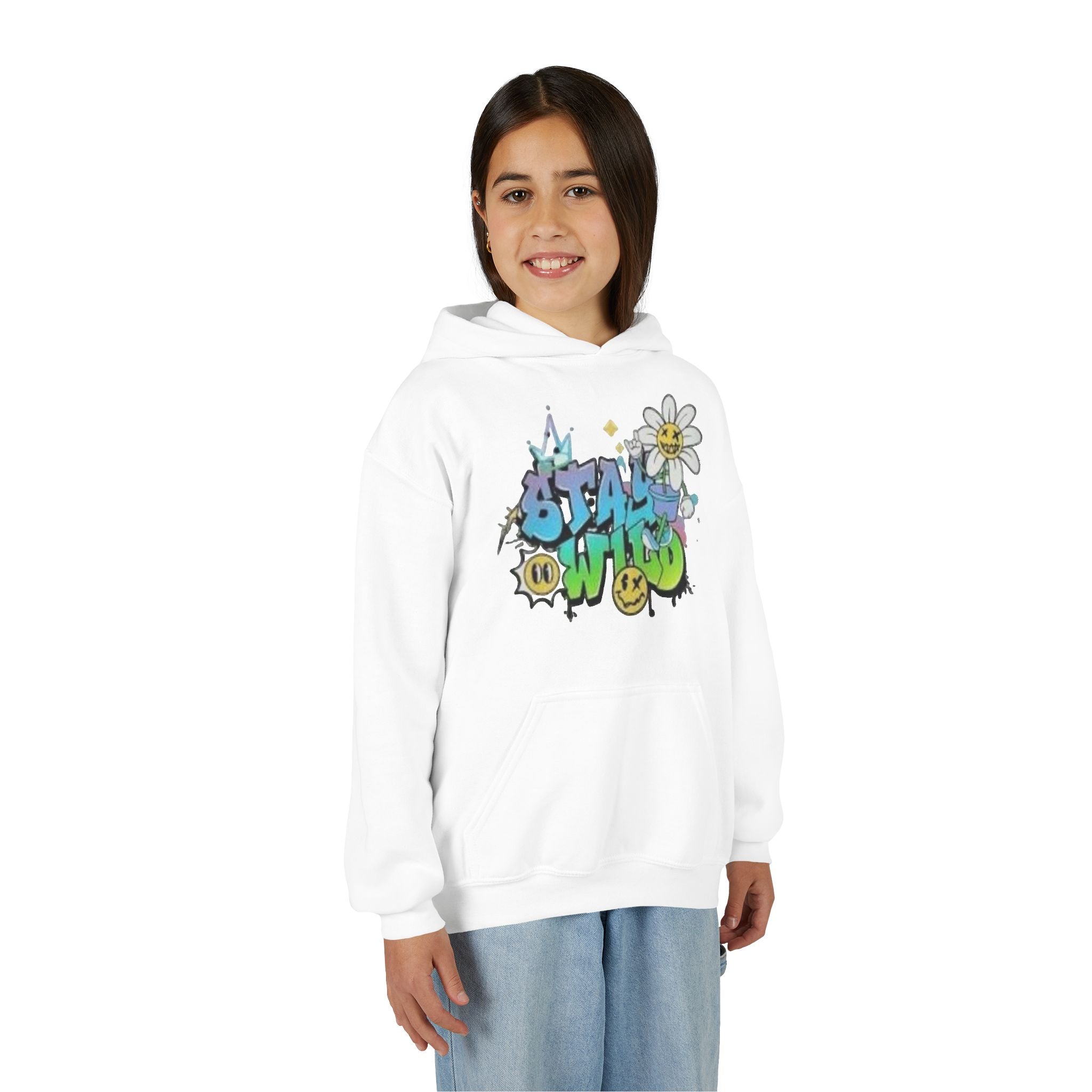 Youth Hoodie — "Stay Wild" Graffiti Daisy Streetwear