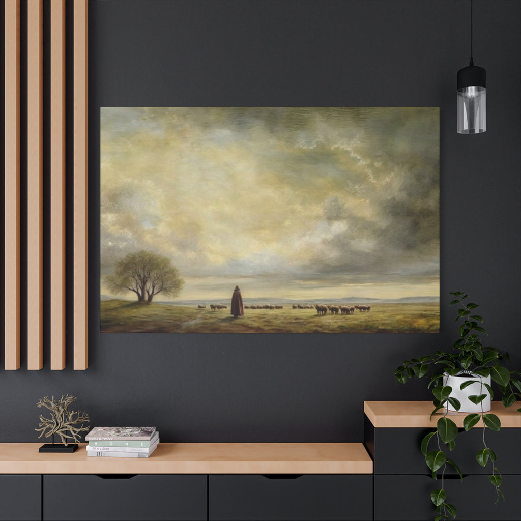 Shepherd in Pastoral Landscape Matte Canvas Print