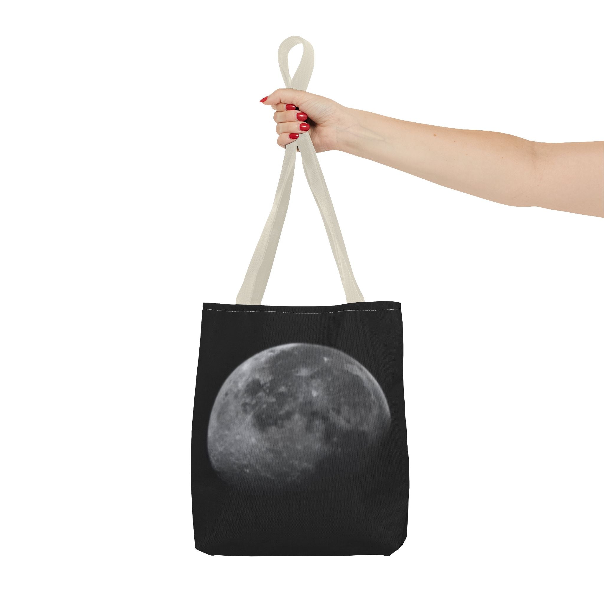 Full Moon Black Tote Bag — Moon Phase AOP Canvas Tote for Night Lovers