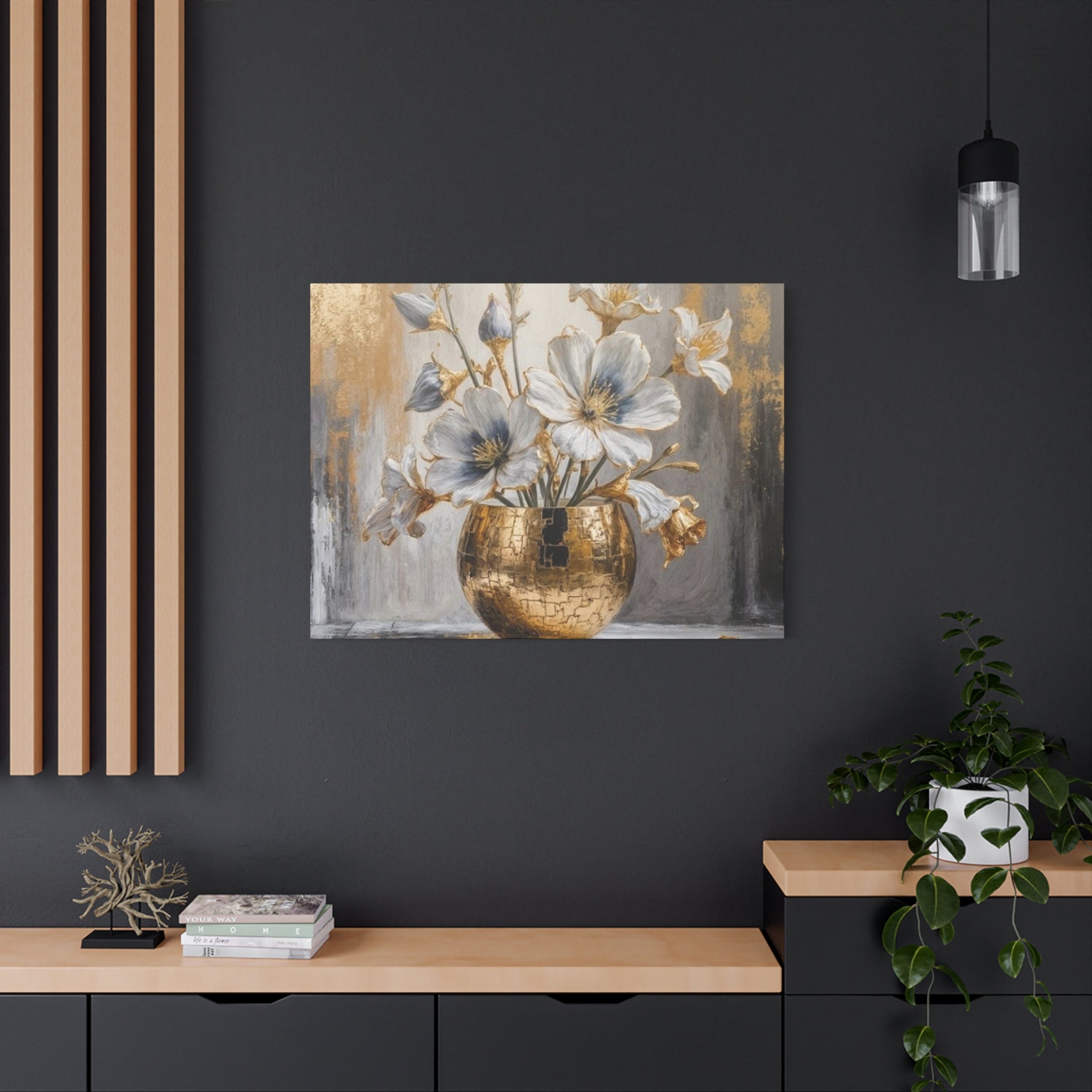 Floral Gold Vase Canvas Print — Elegant White & Blue Flower Wall Art