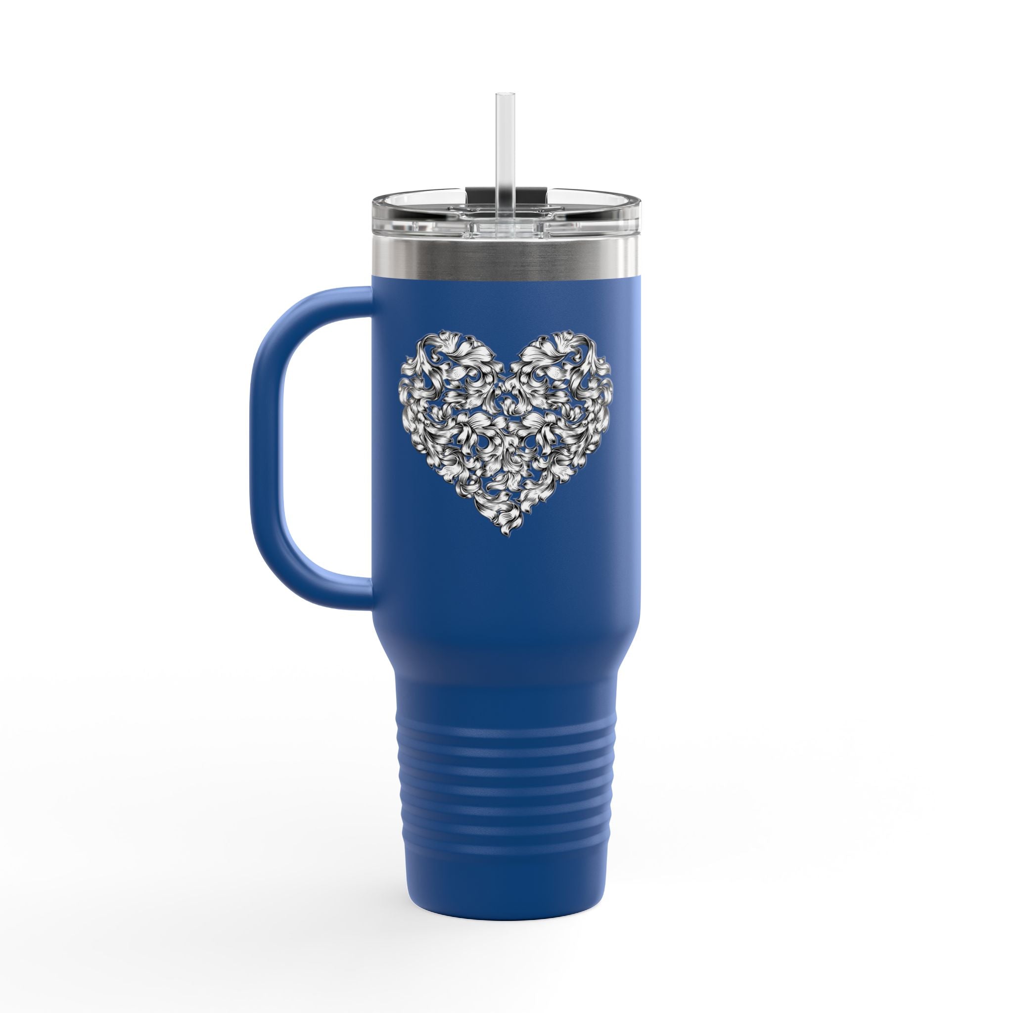 40oz Insulated Travel Mug — Silver Doodle Heart Design